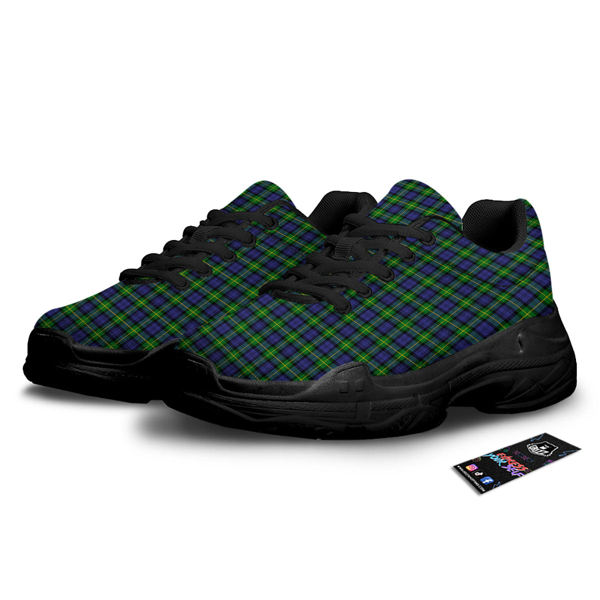 Tartan Green And Blue Print Pattern Black Chunky Shoes-grizzshop