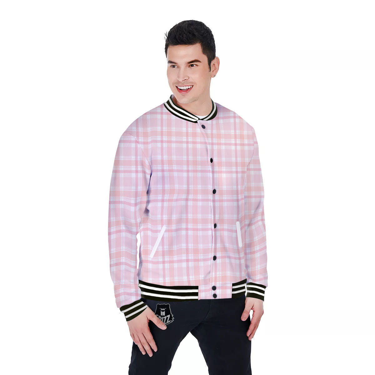 Tartan Pink Print Pattern Baseball Jacket-grizzshop