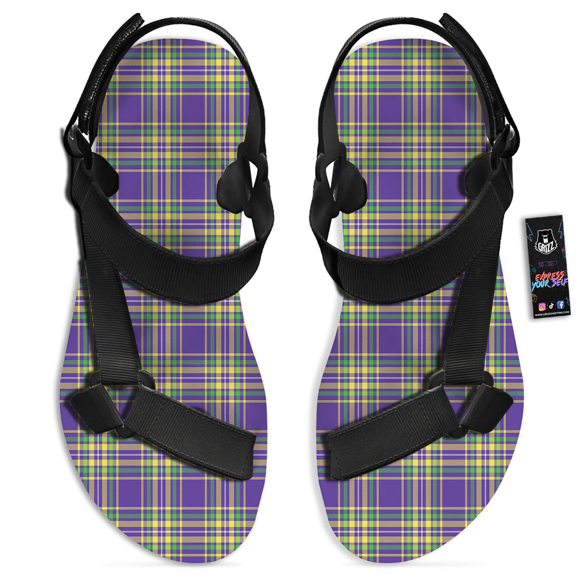 Tartan Plaid Mardi Gras Print Pattern Black Open Toe Sandals-grizzshop
