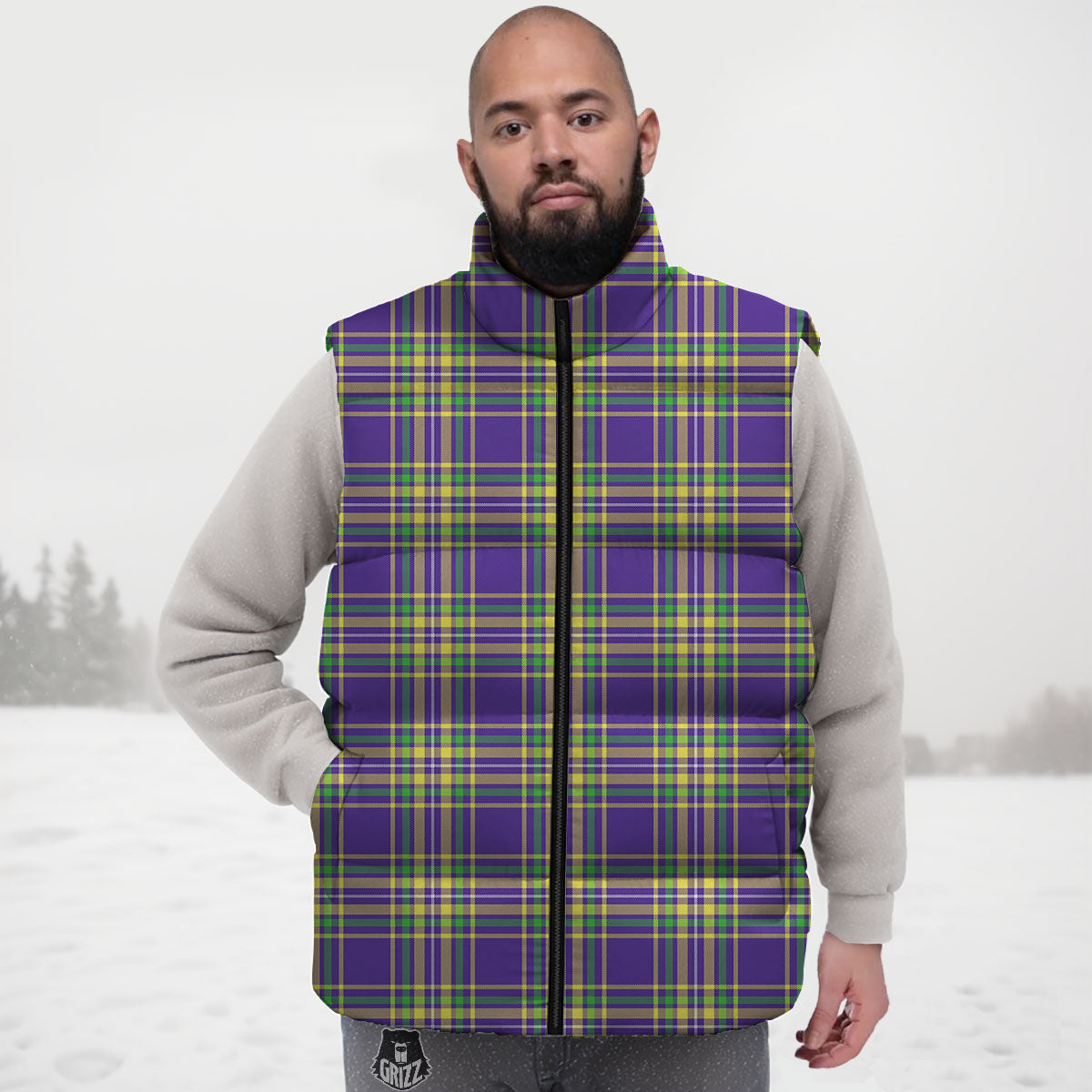 Tartan Plaid Mardi Gras Print Pattern Down Vest