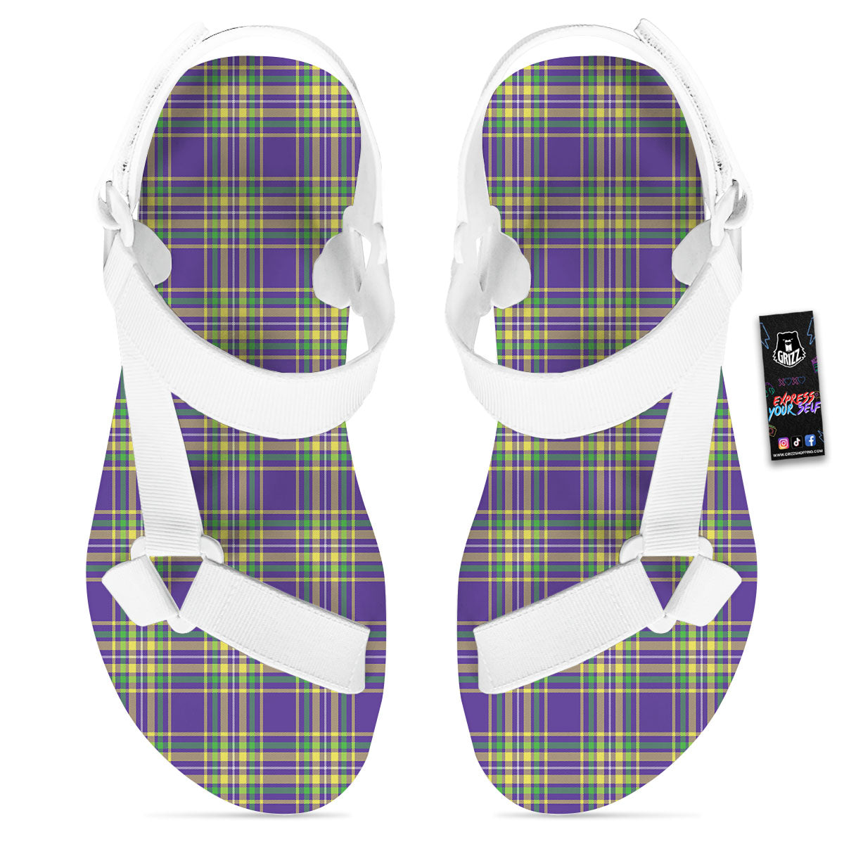 Tartan Plaid Mardi Gras Print Pattern White Open Toe Sandals-grizzshop
