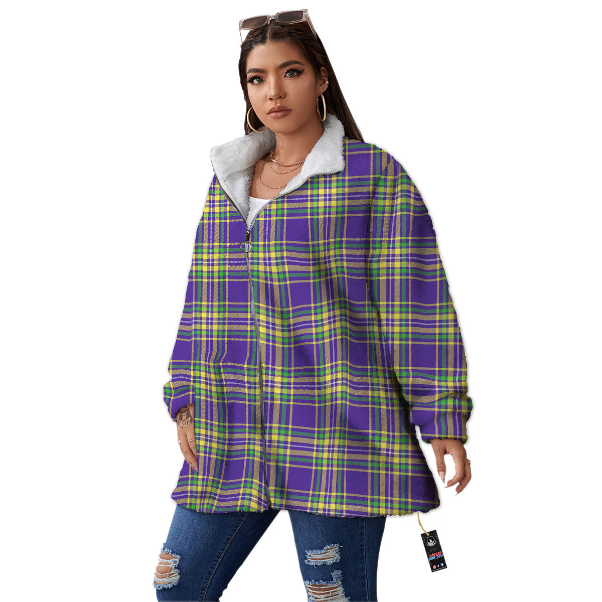 Tartan Plaid Mardi Gras Print Pattern Women's Sherpa Jacket-grizzshop
