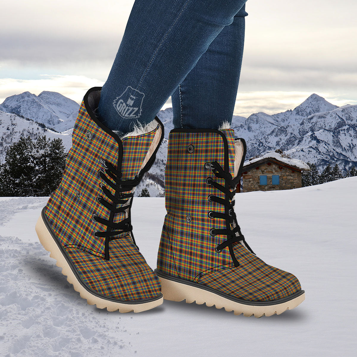 Tartan Rainbow Print Pattern Snow Boots-grizzshop