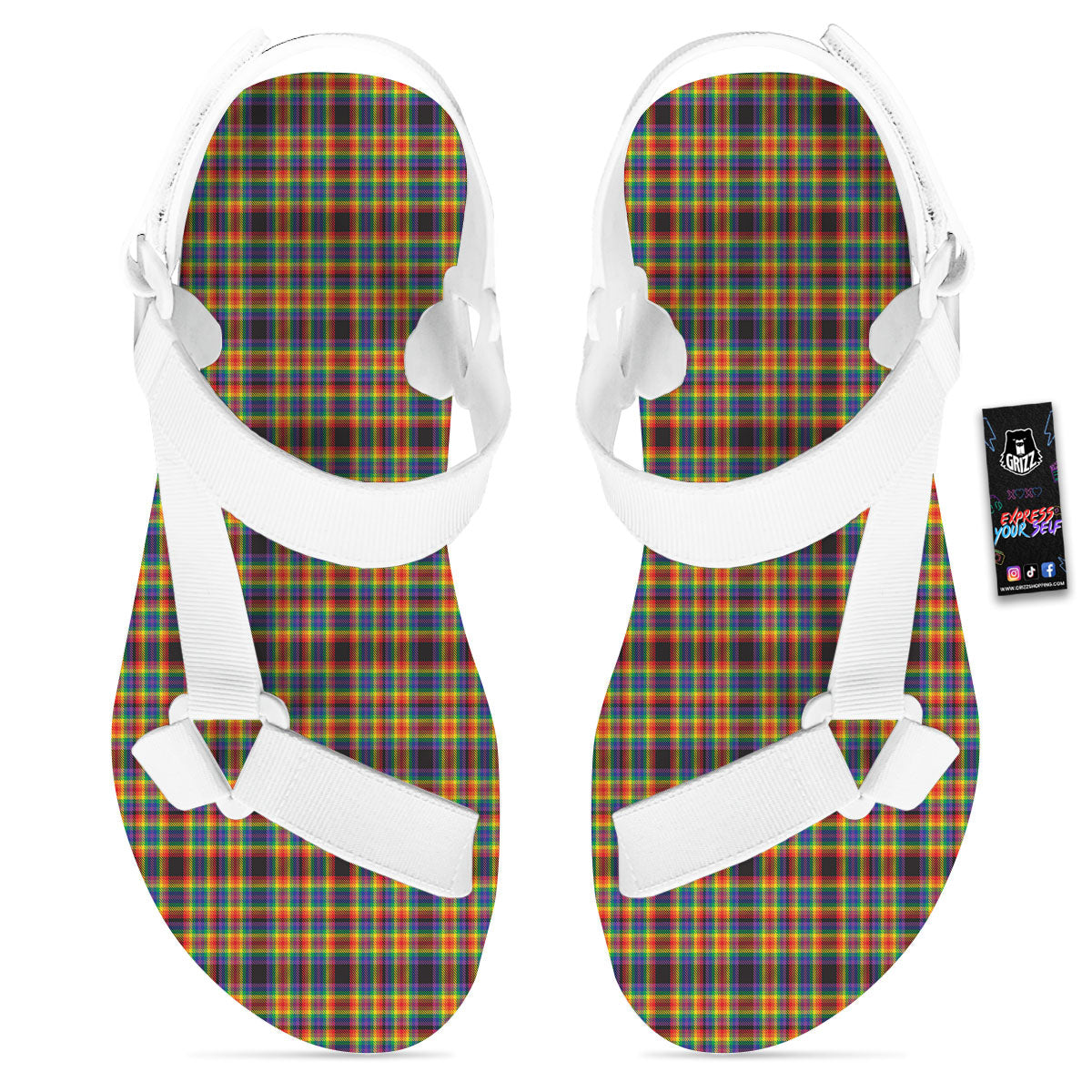 Tartan Rainbow Print Pattern White Open Toe Sandals-grizzshop
