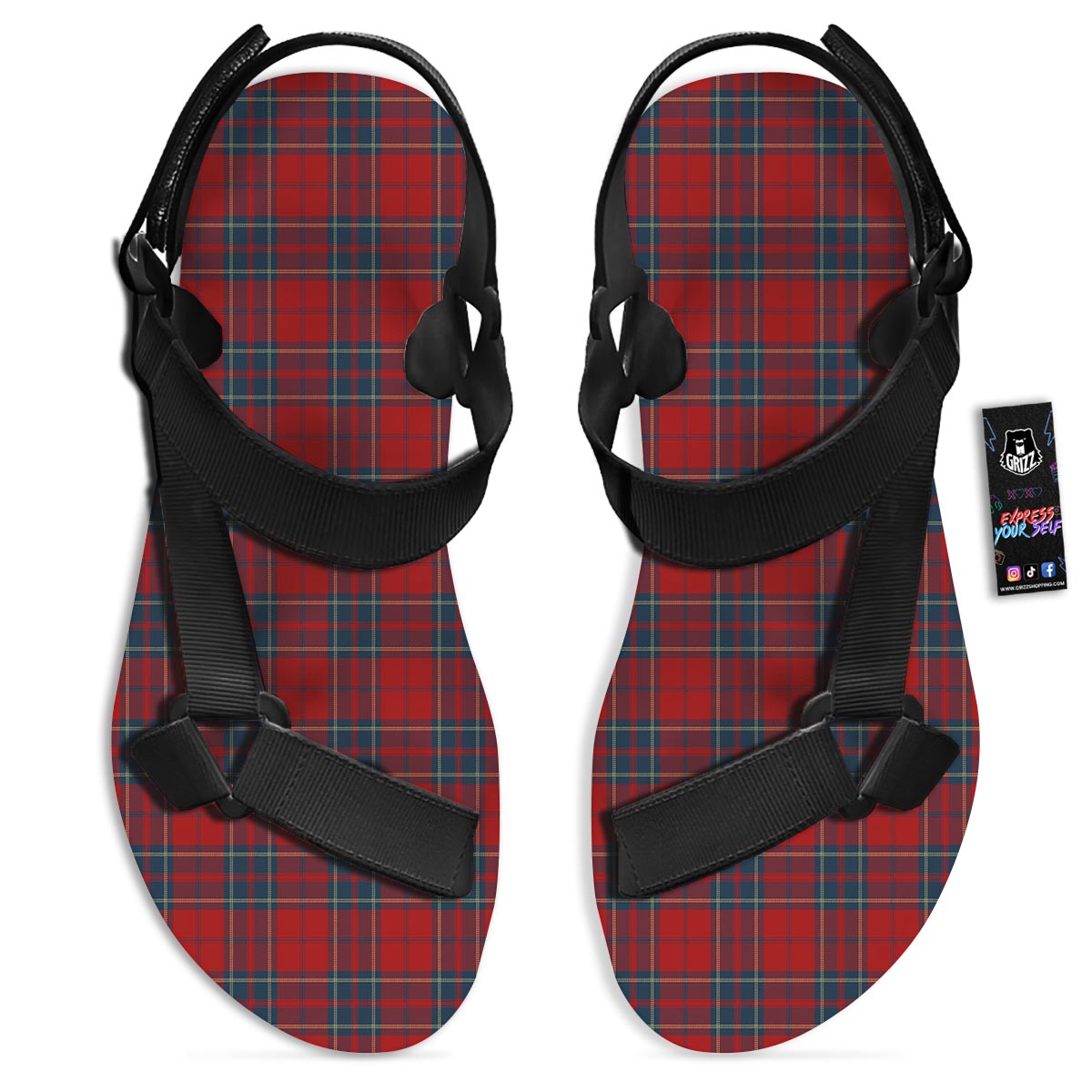 Tartan Scottish Red Print Pattern Black Open Toe Sandals-grizzshop