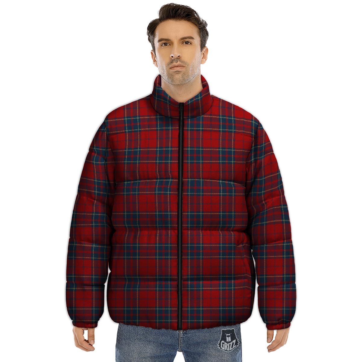 Tartan Scottish Red Print Pattern Puffer Jacket-grizzshop