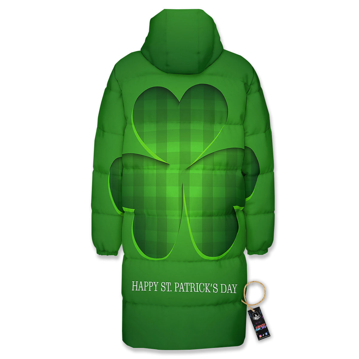 Tartan Shamrock Green Print Long Down Jacket-grizzshop