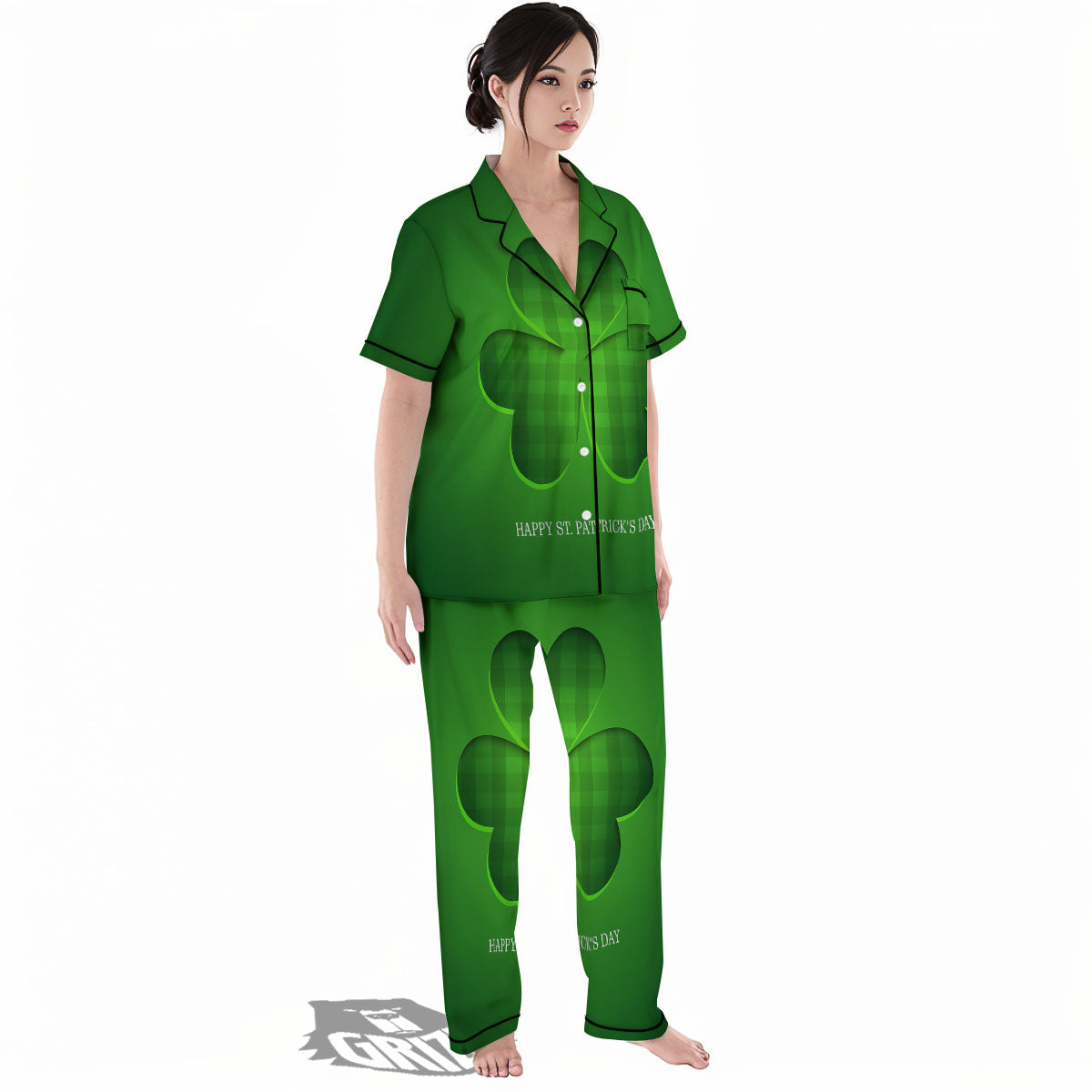 Tartan Shamrock Green Print Women's Pajamas Set-grizzshop