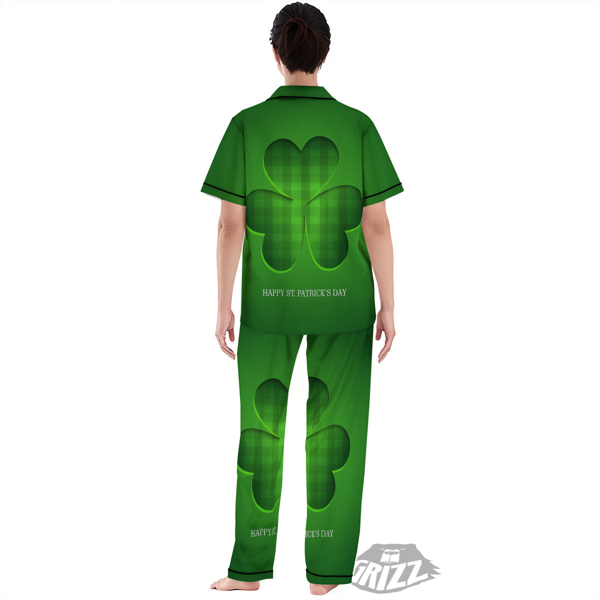 Tartan Shamrock Green Print Women's Pajamas Set-grizzshop