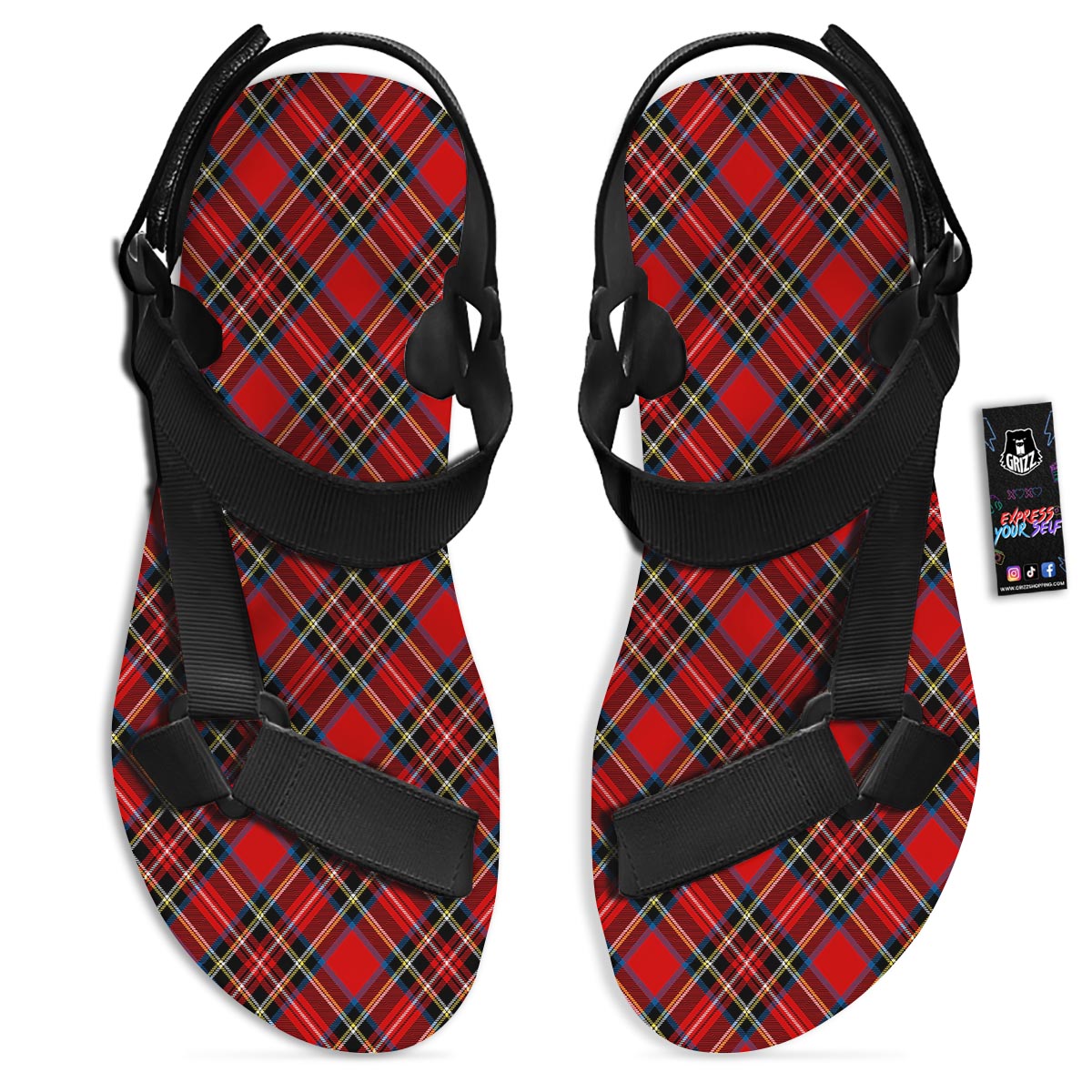 Tartan Stewart Red Print Pattern Black Open Toe Sandals-grizzshop