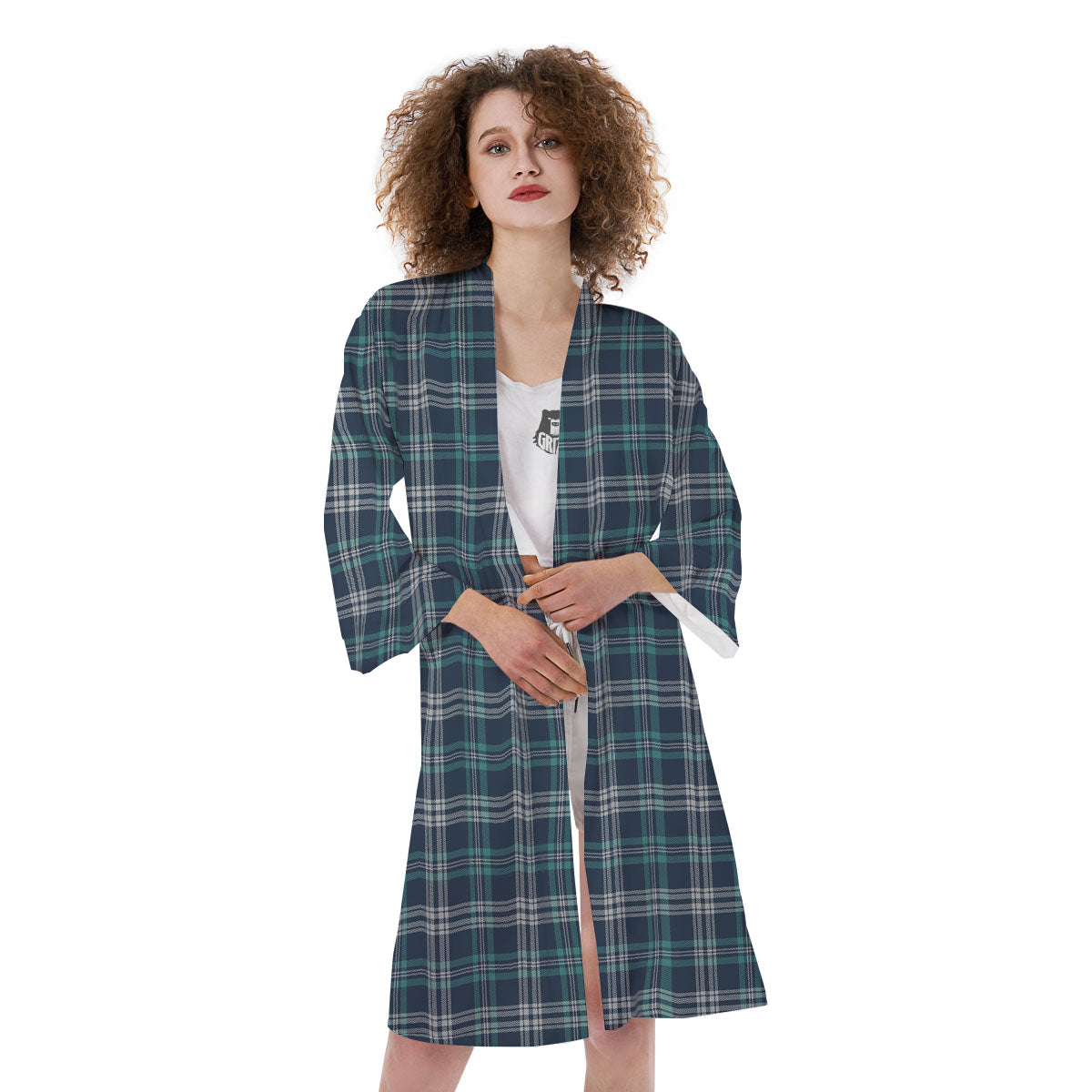 Tartan Teal And Blue Print Pattern Kimono-grizzshop