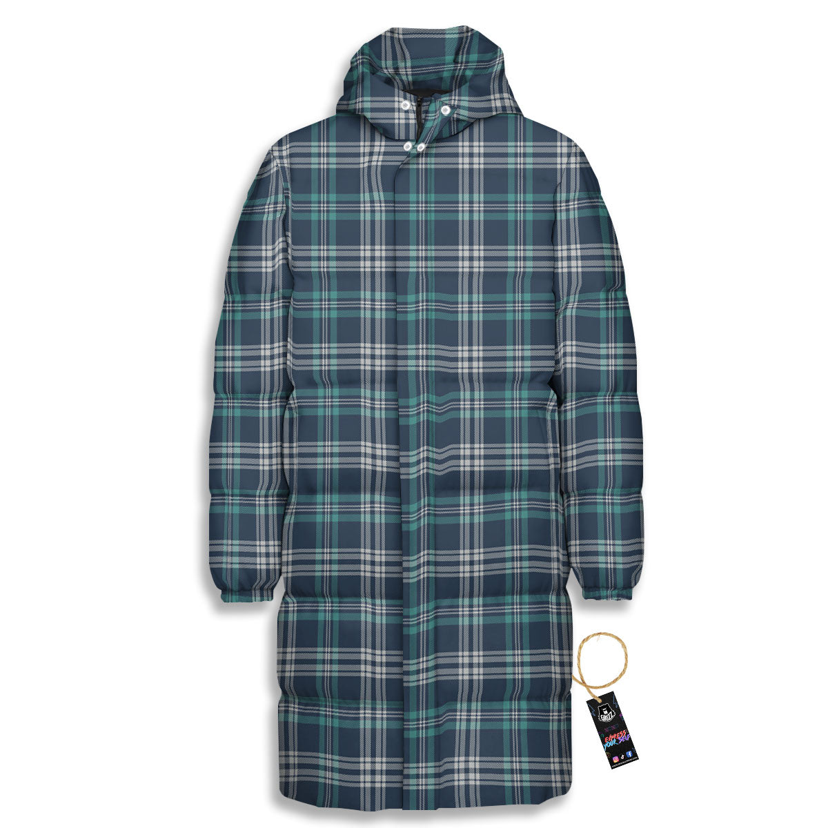 Tartan Teal And Blue Print Pattern Long Down Jacket-grizzshop