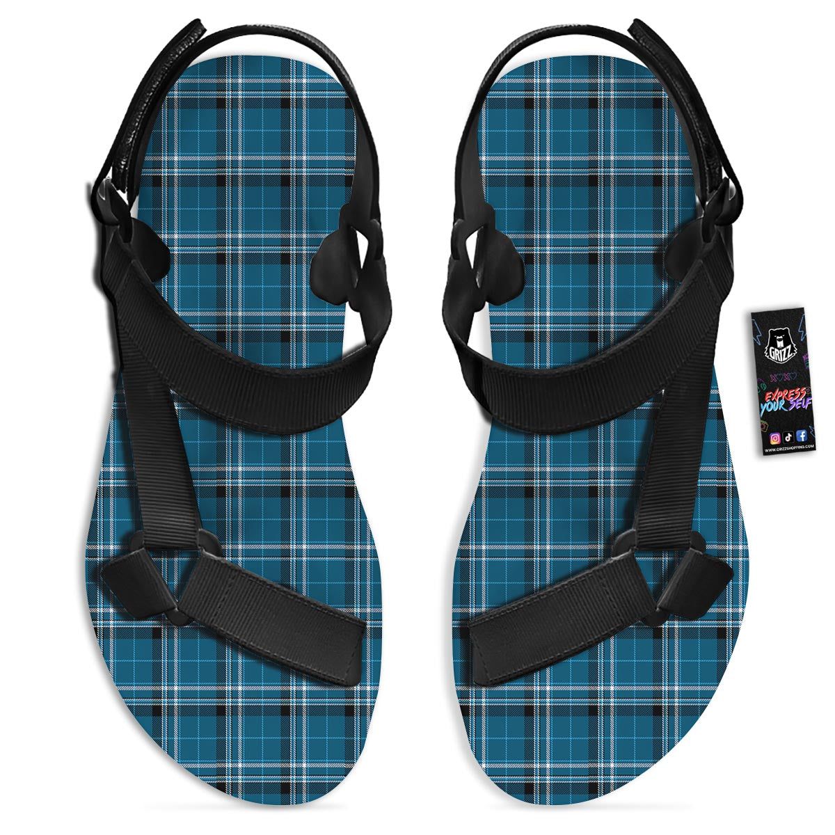 Tartan Teal Stewart Print Pattern Black Open Toe Sandals-grizzshop