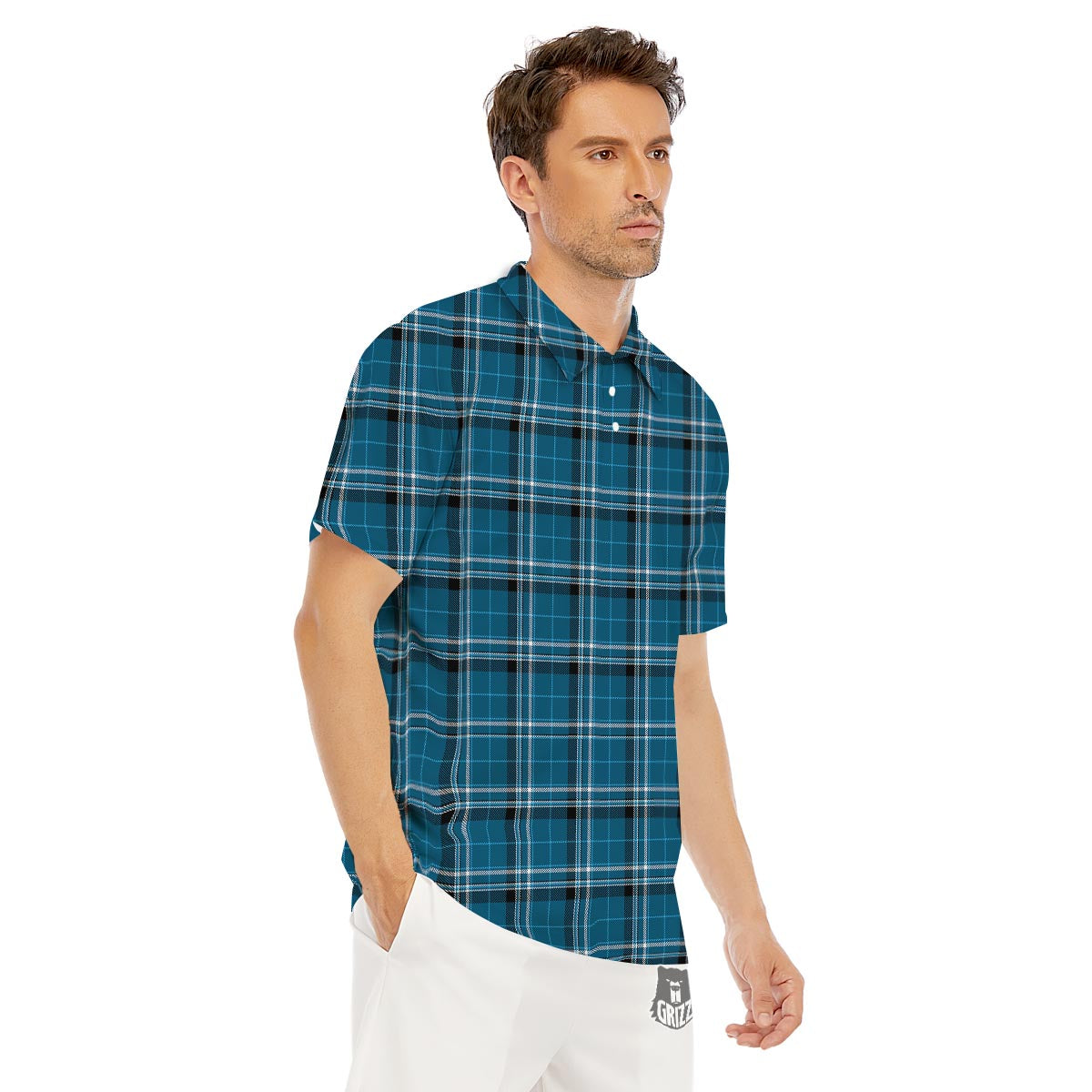Tartan Teal Stewart Print Pattern Men's Golf Shirts-grizzshop