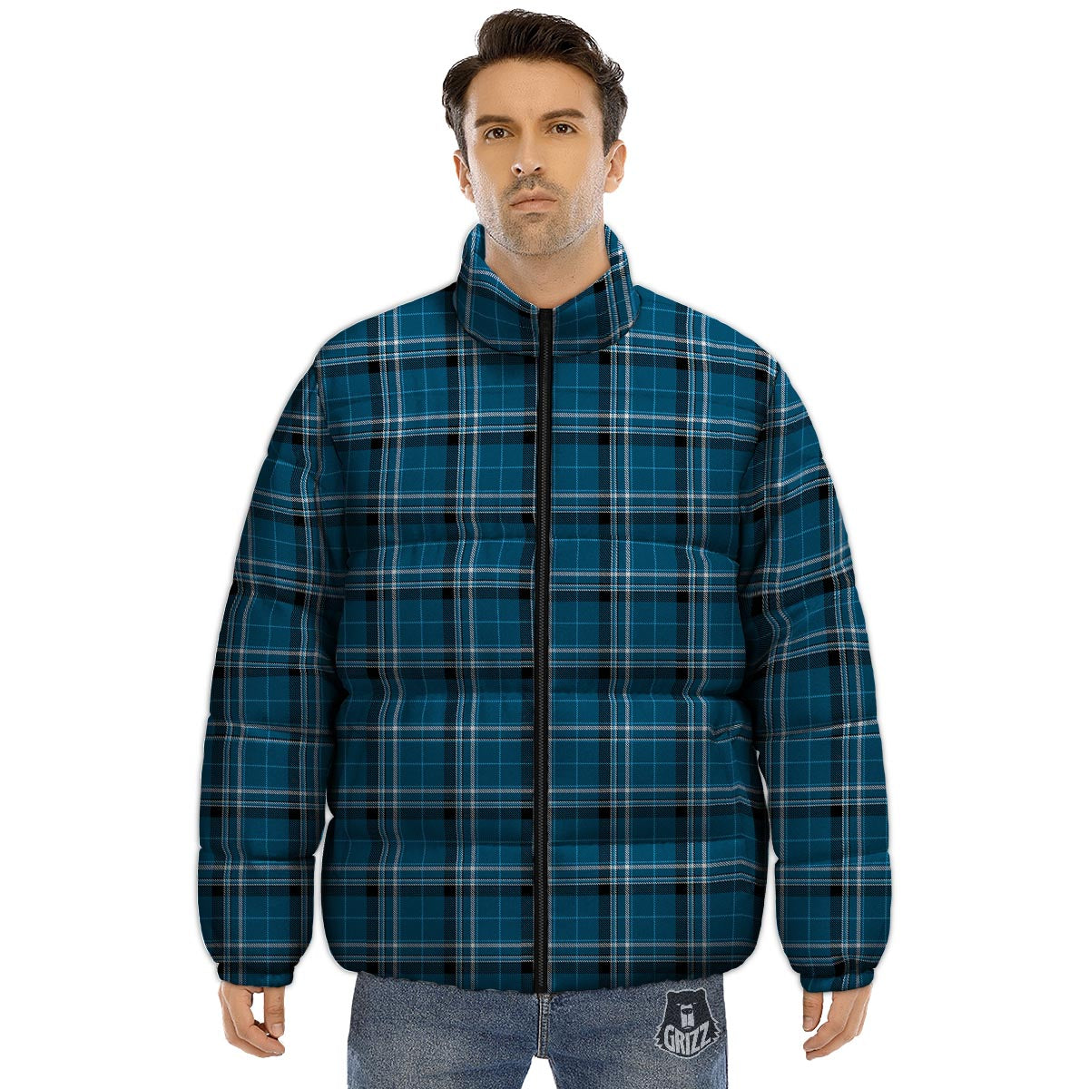 Tartan Teal Stewart Print Pattern Puffer Jacket-grizzshop