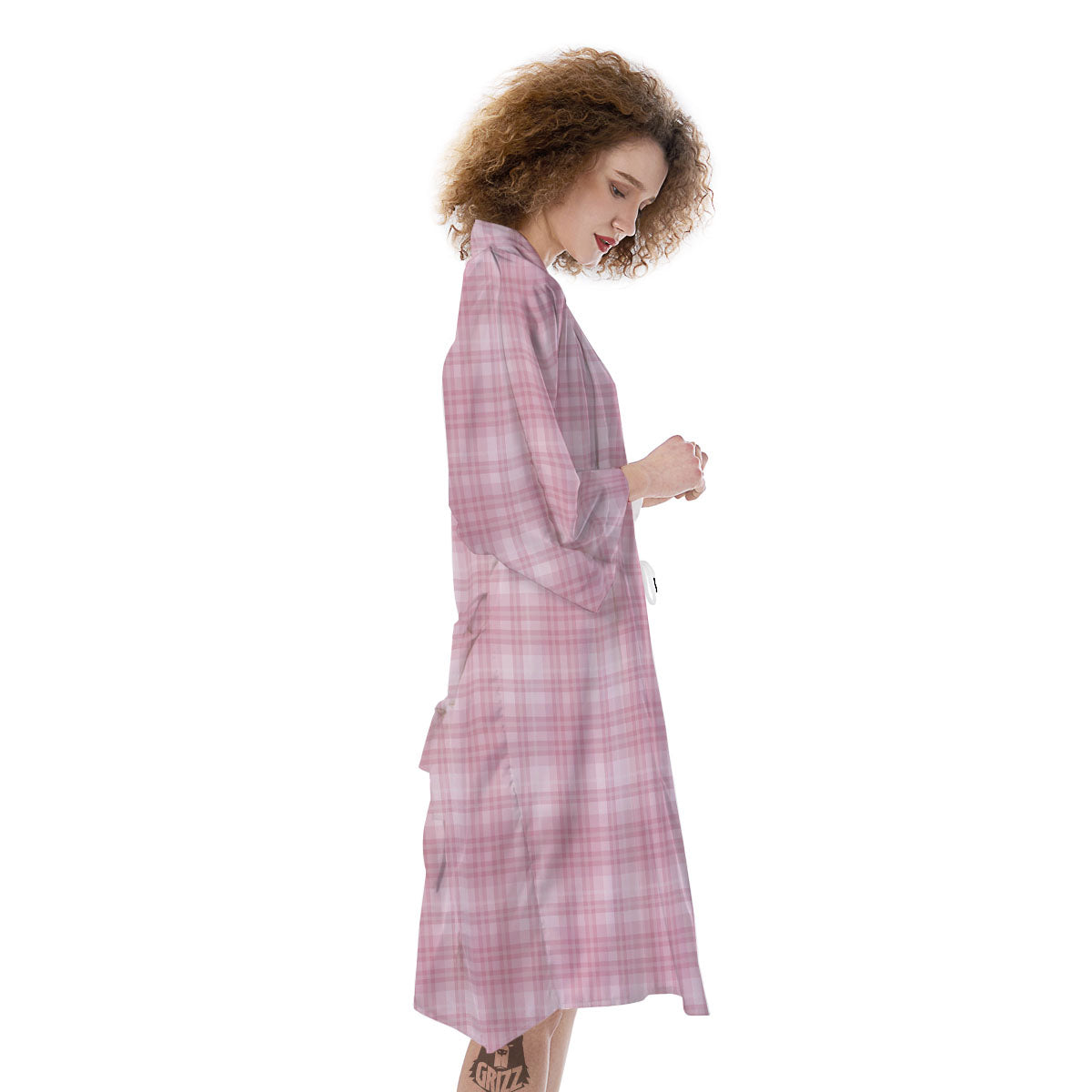 Tartan White And Pink Print Pattern Kimono-grizzshop