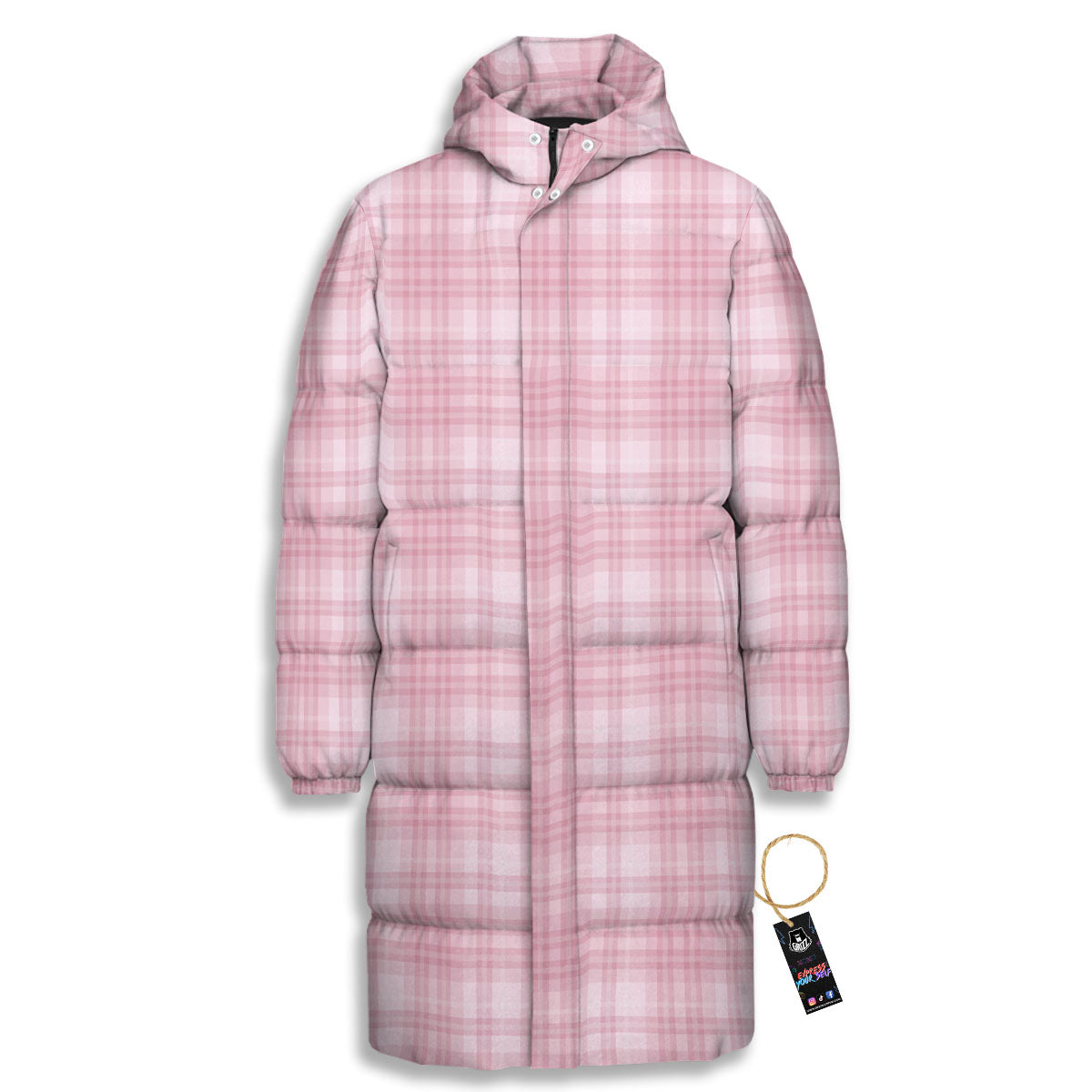 Tartan White And Pink Print Pattern Long Down Jacket-grizzshop