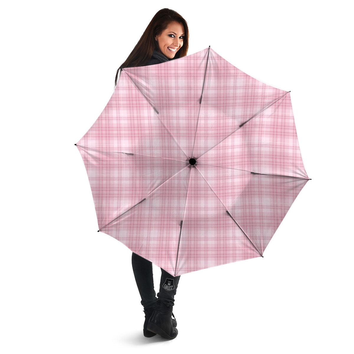 Tartan White And Pink Print Pattern Umbrella-grizzshop