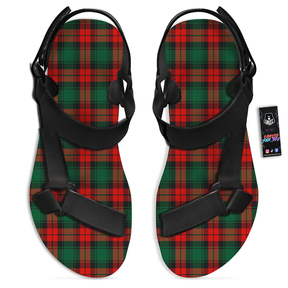 Tartan Xmas Scottish Print Pattern Black Open Toe Sandals-grizzshop