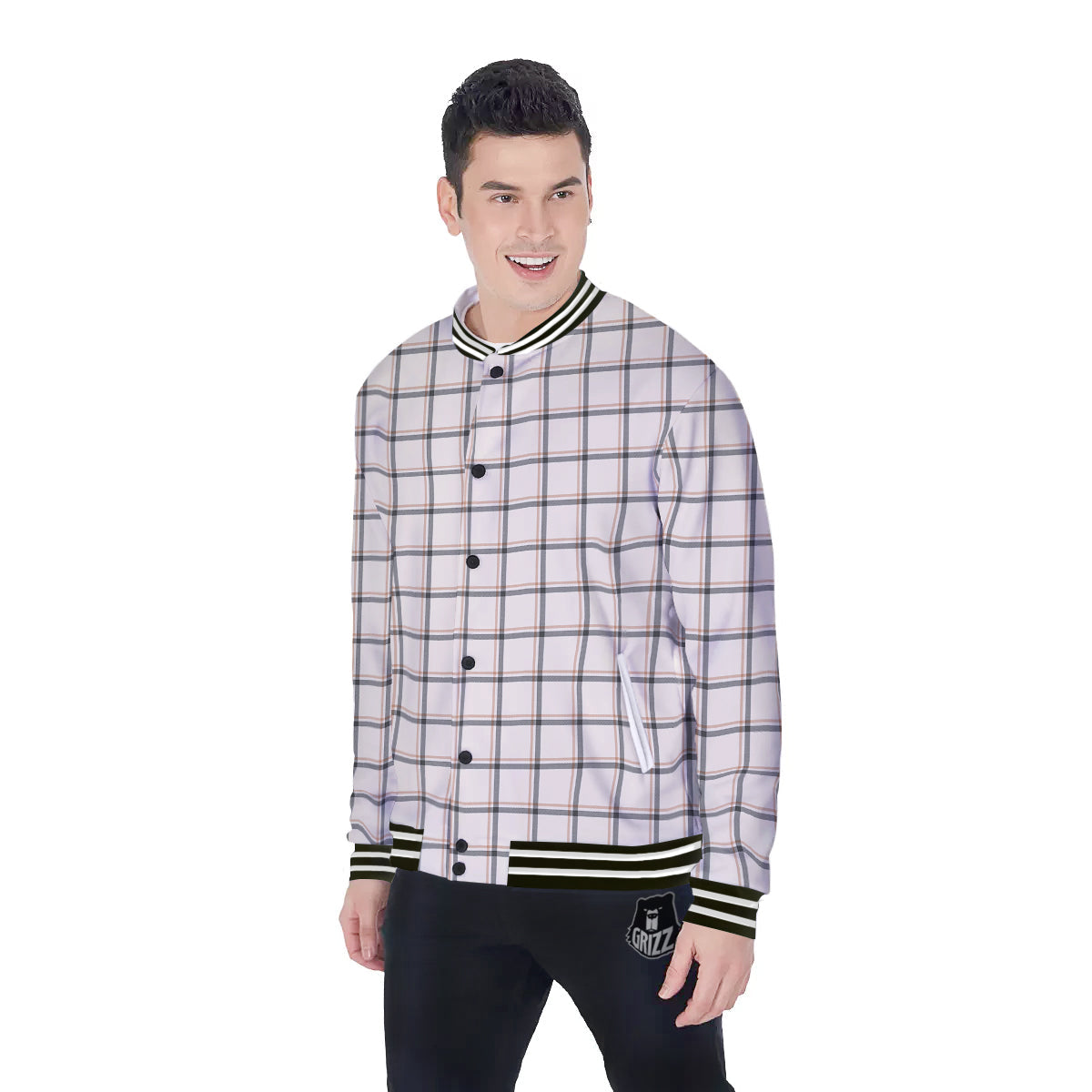 Tattersall Beige Print Pattern Baseball Jacket-grizzshop