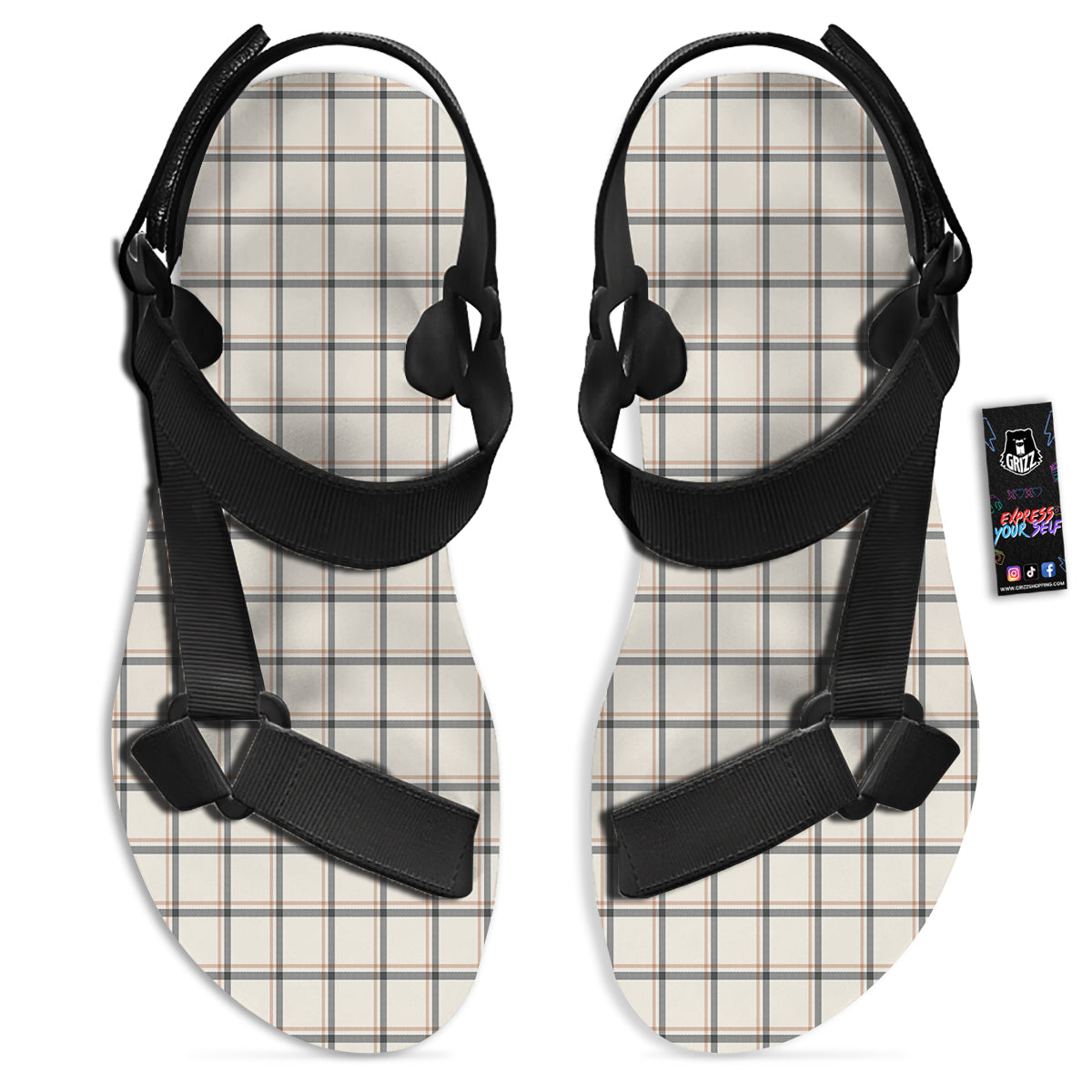 Tattersall Beige Print Pattern Black Open Toe Sandals-grizzshop