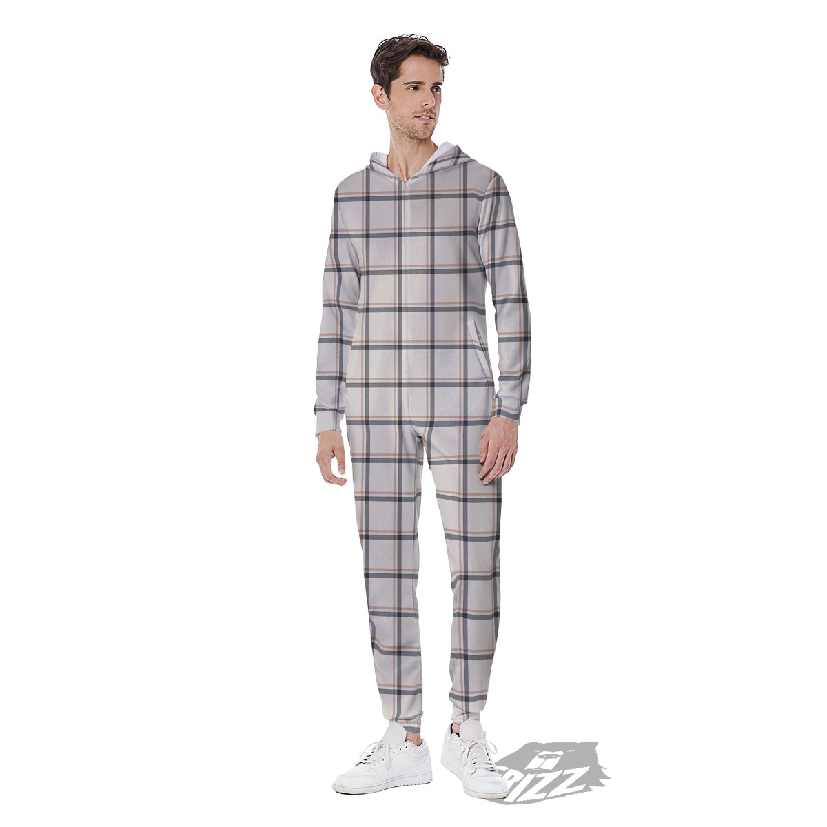 Tattersall Beige Print Pattern Men's Jumpsuit-grizzshop