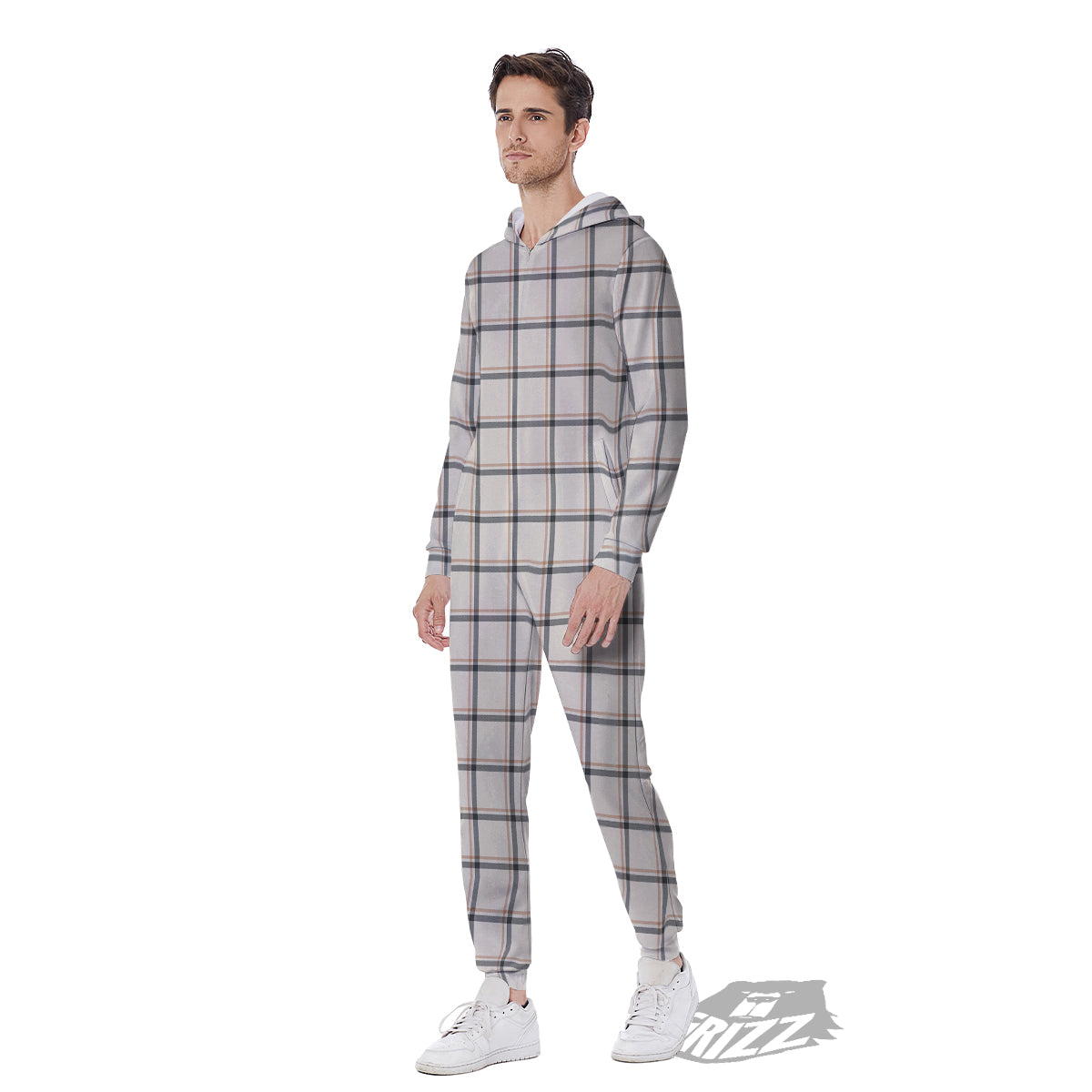 Tattersall Beige Print Pattern Men's Jumpsuit-grizzshop