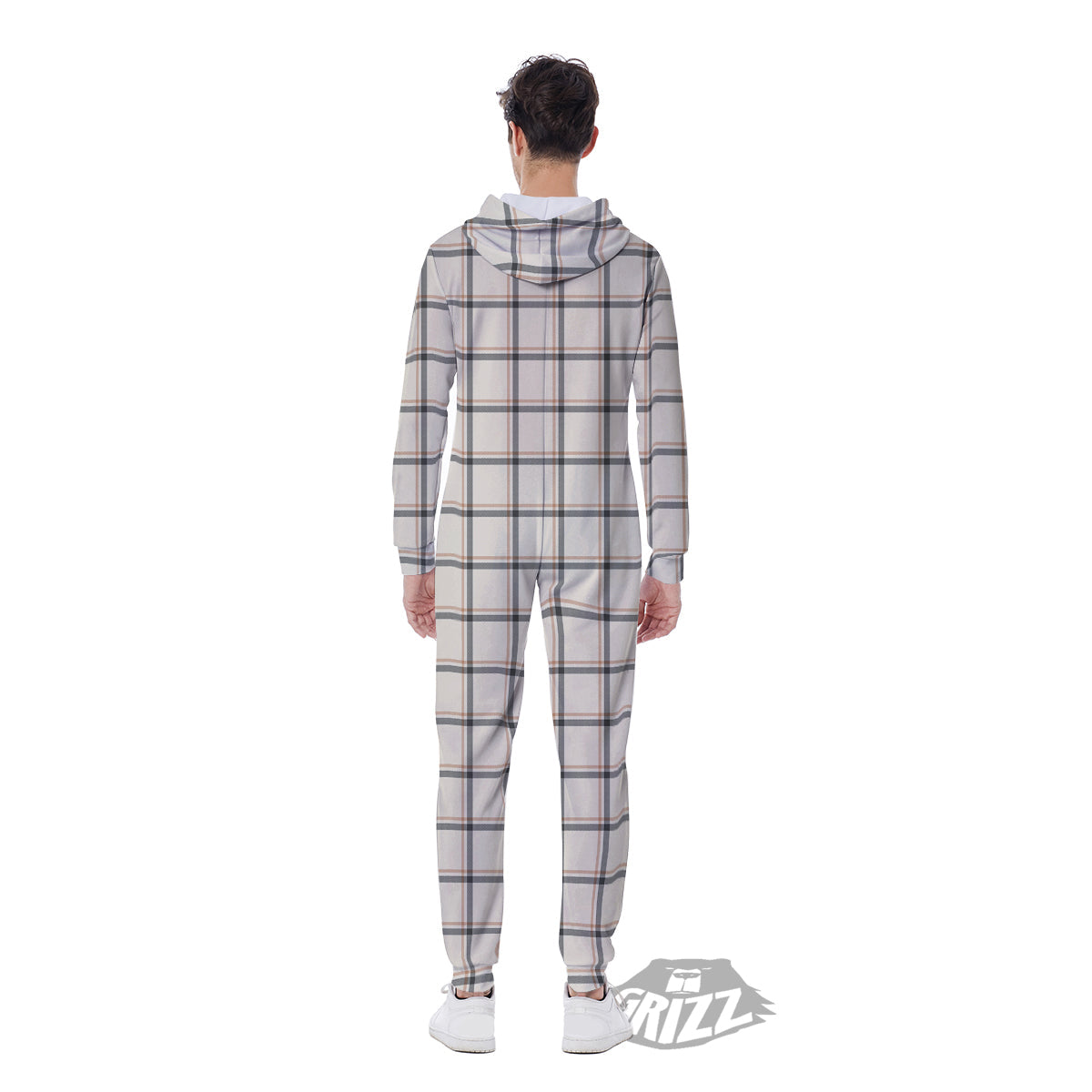 Tattersall Beige Print Pattern Men's Jumpsuit-grizzshop