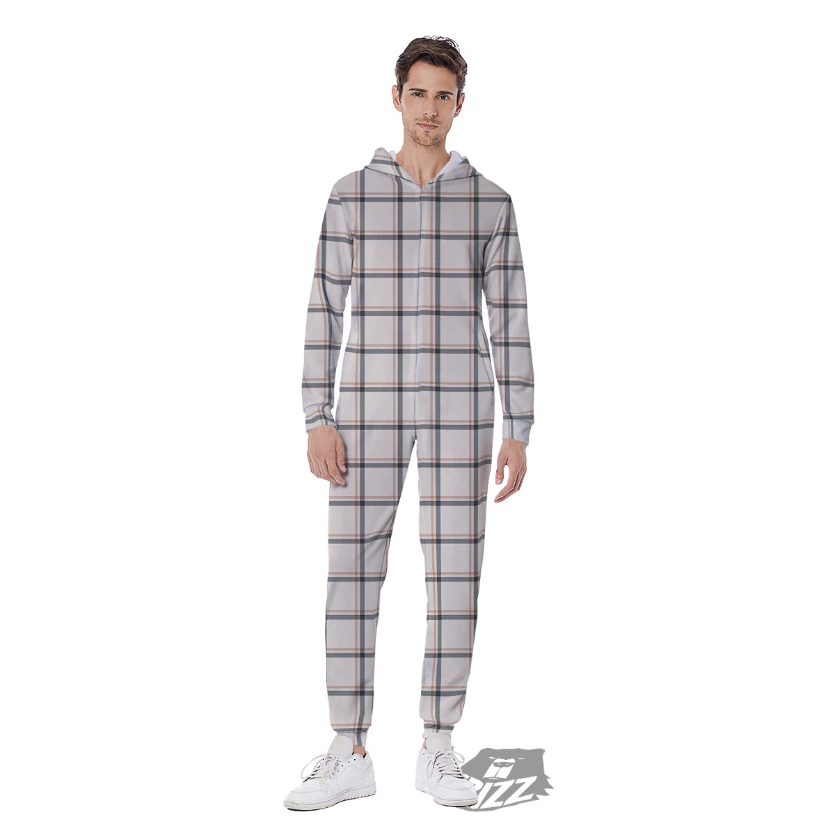 Tattersall Beige Print Pattern Men's Jumpsuit-grizzshop