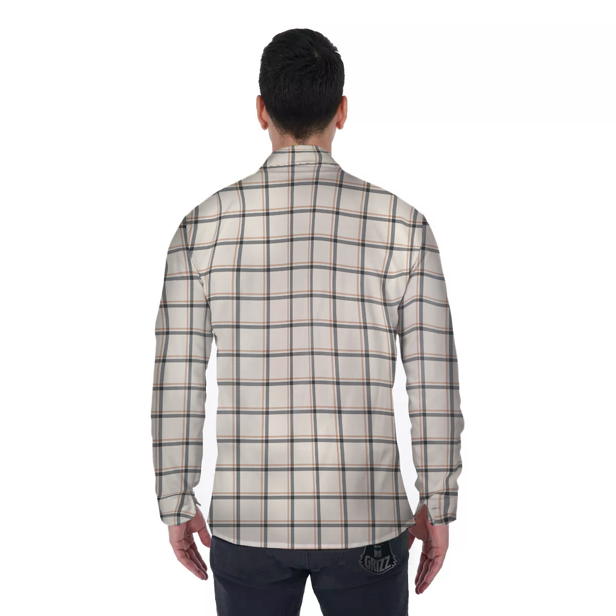 Tattersall Beige Print Pattern Men's Long Sleeve Shirts-grizzshop