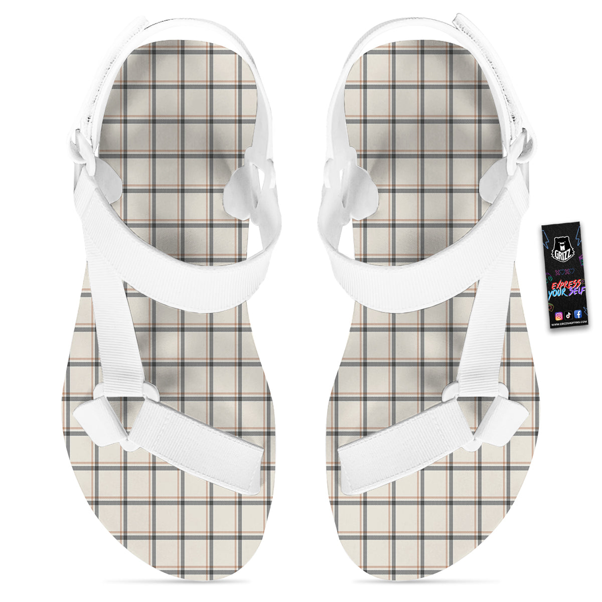 Tattersall Beige Print Pattern White Open Toe Sandals-grizzshop