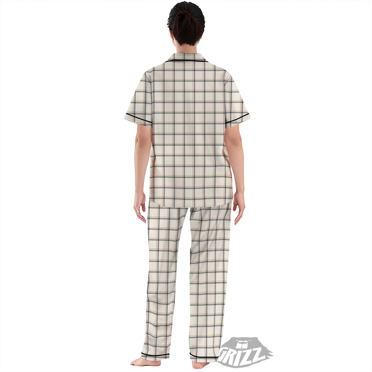 Tattersall Beige Print Pattern Women's Pajamas Set-grizzshop