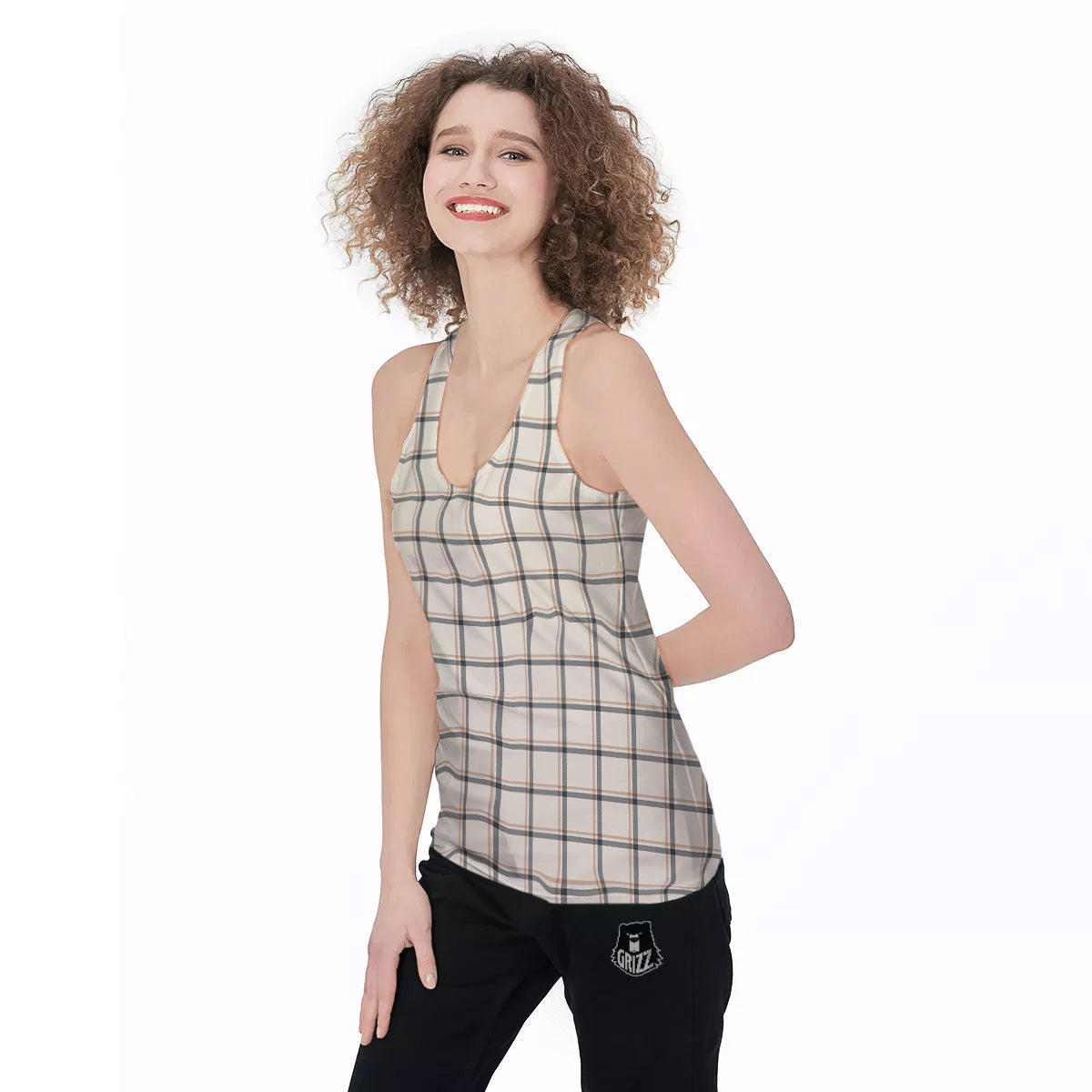 Tattersall Beige Print Pattern Women's Racerback Tank Top-grizzshop