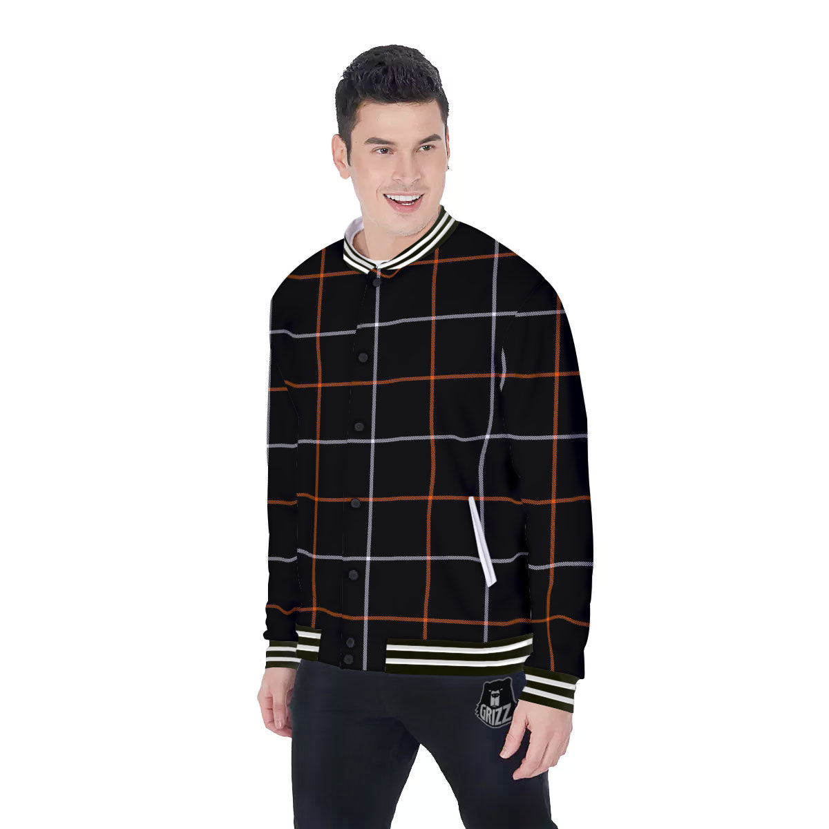 Tattersall Black Halloween Print Pattern Baseball Jacket-grizzshop