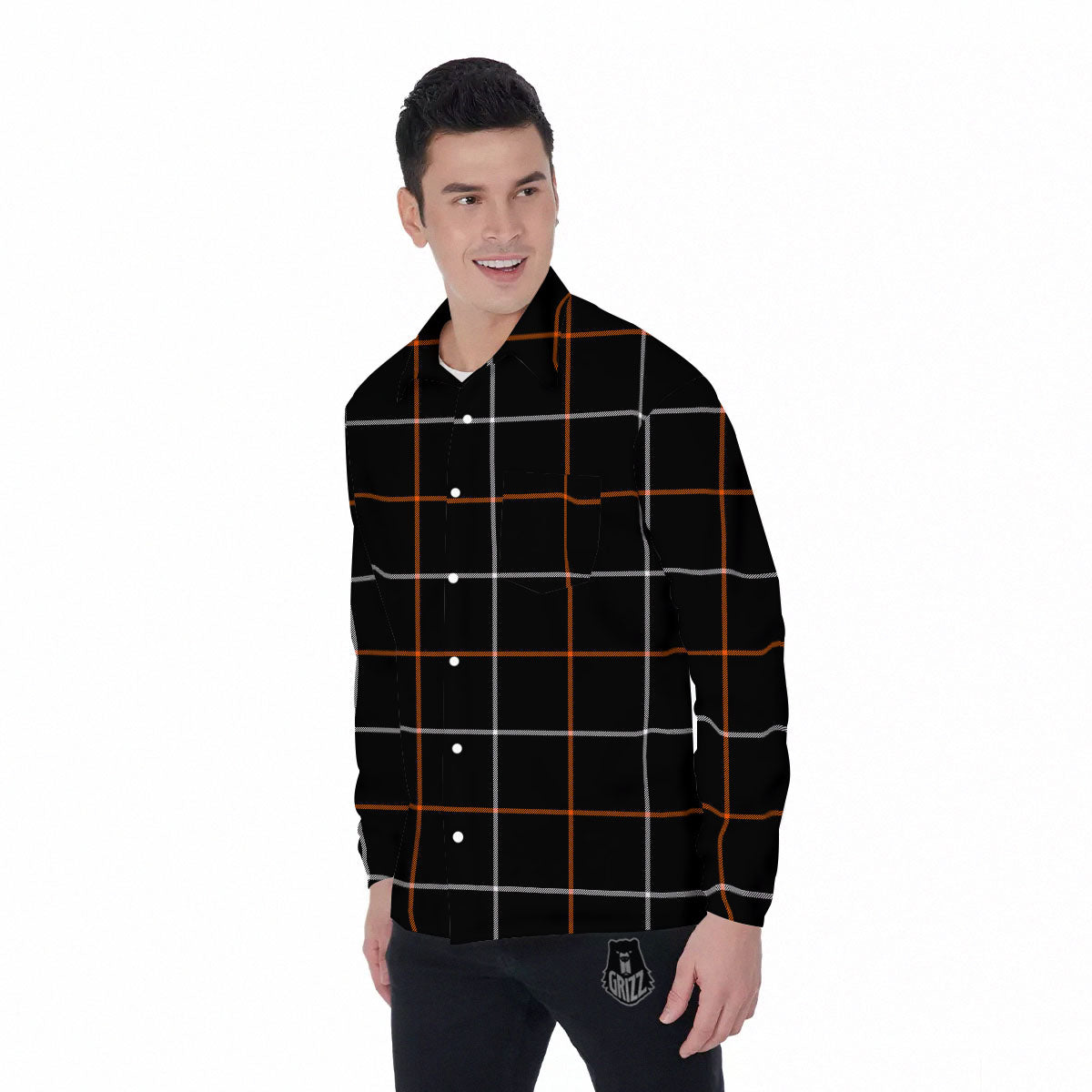 Tattersall Black Halloween Print Pattern Men's Long Sleeve Shirts-grizzshop