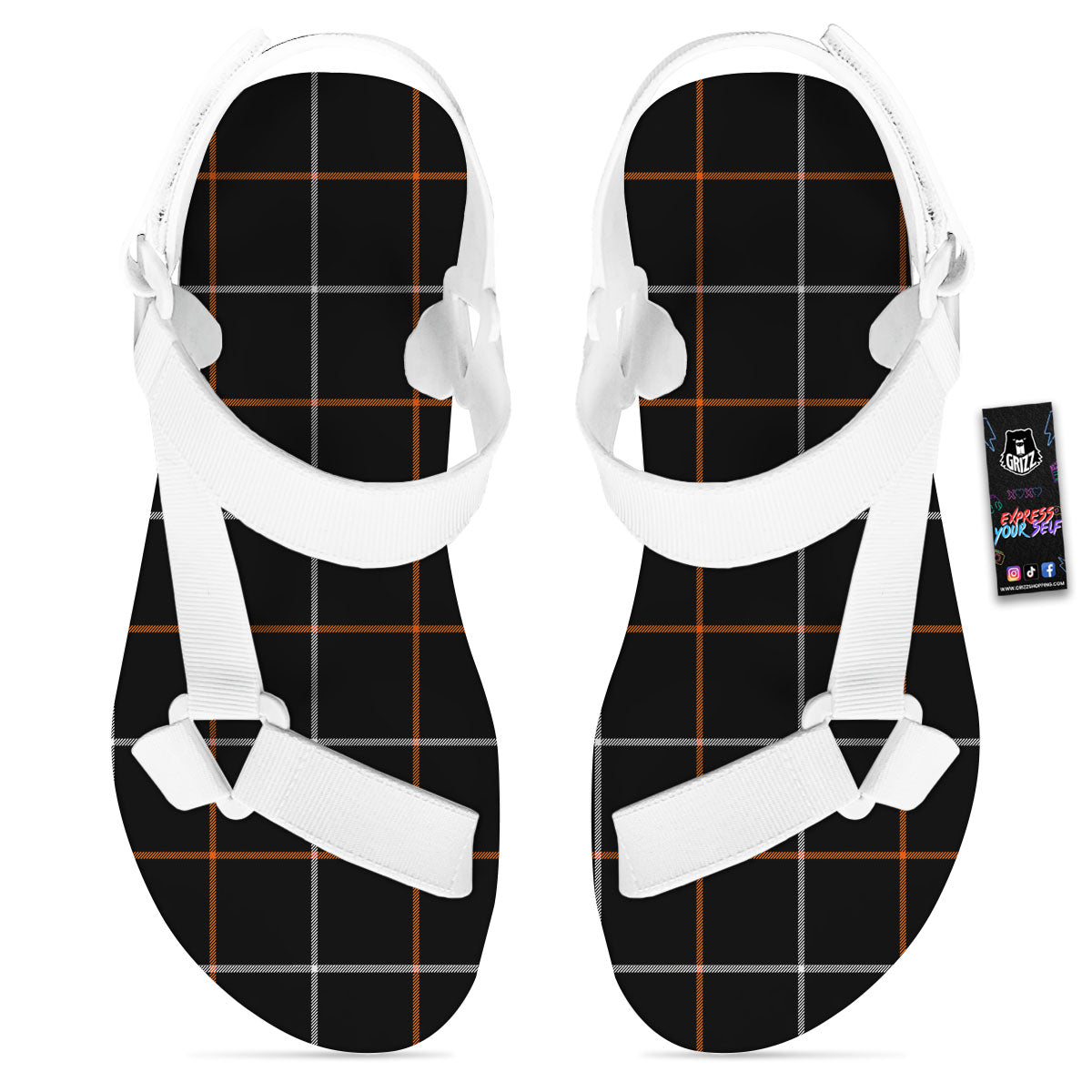 Tattersall Black Halloween Print Pattern White Open Toe Sandals-grizzshop