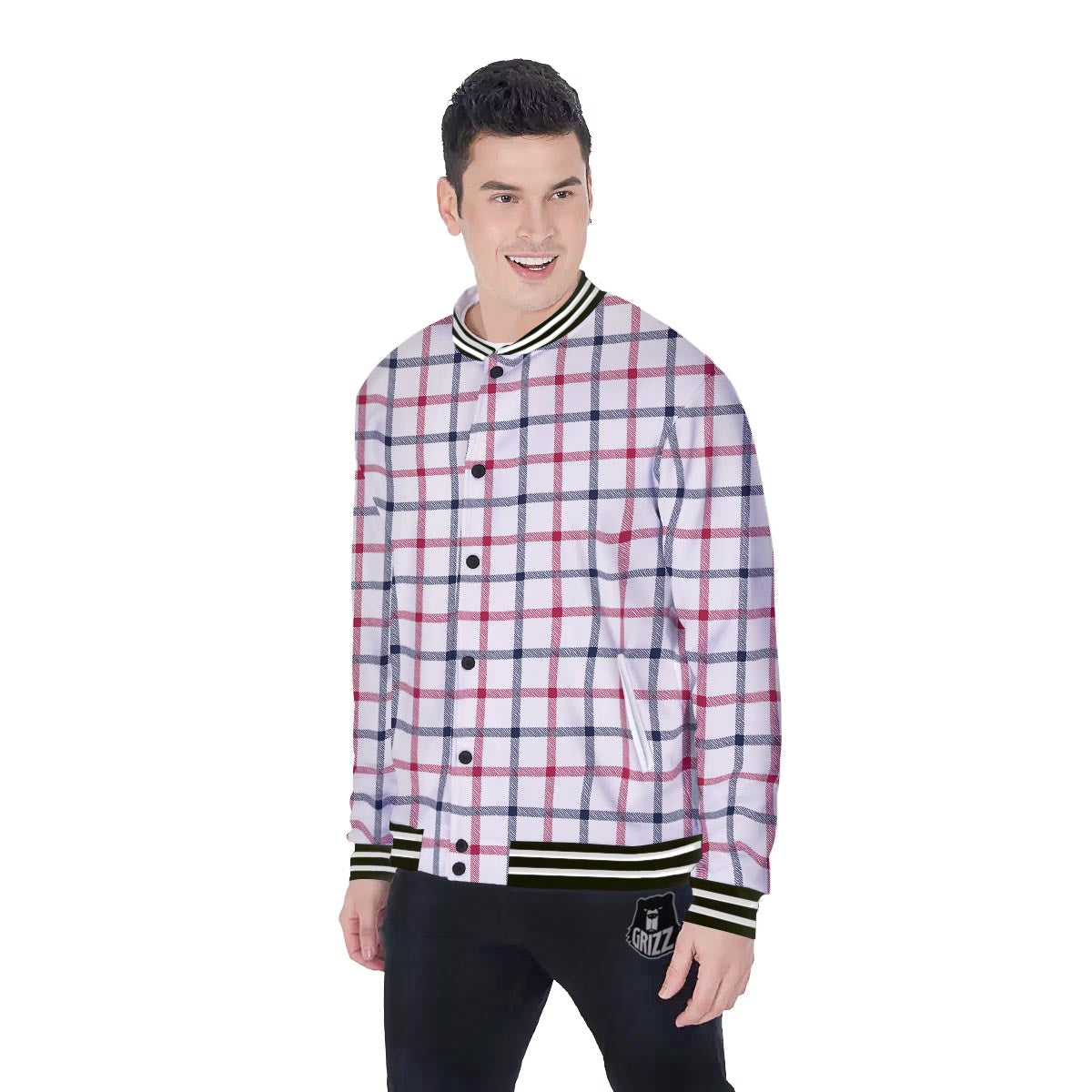 Tattersall Blue And Red Print Pattern Baseball Jacket-grizzshop