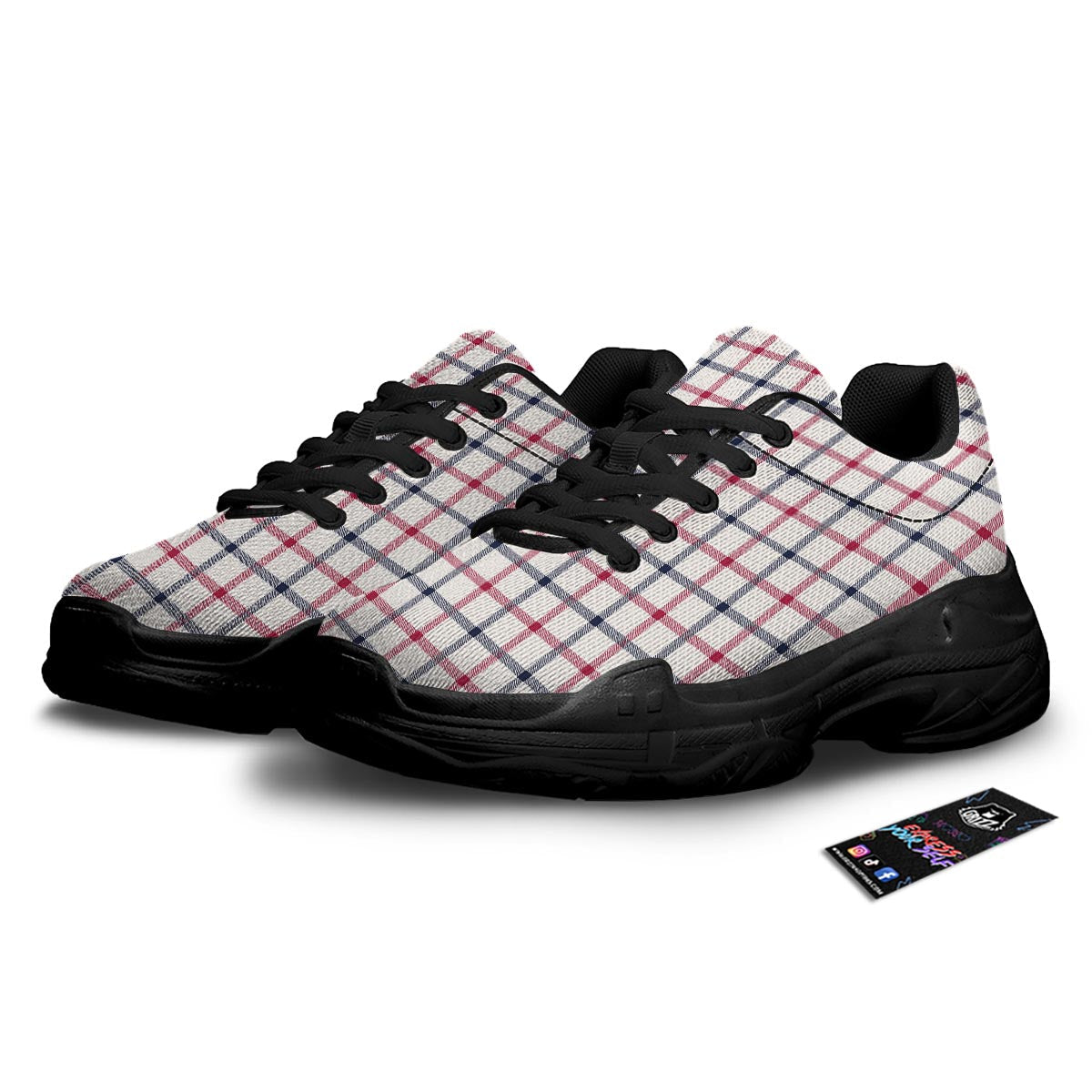 Tattersall Blue And Red Print Pattern Black Chunky Shoes-grizzshop
