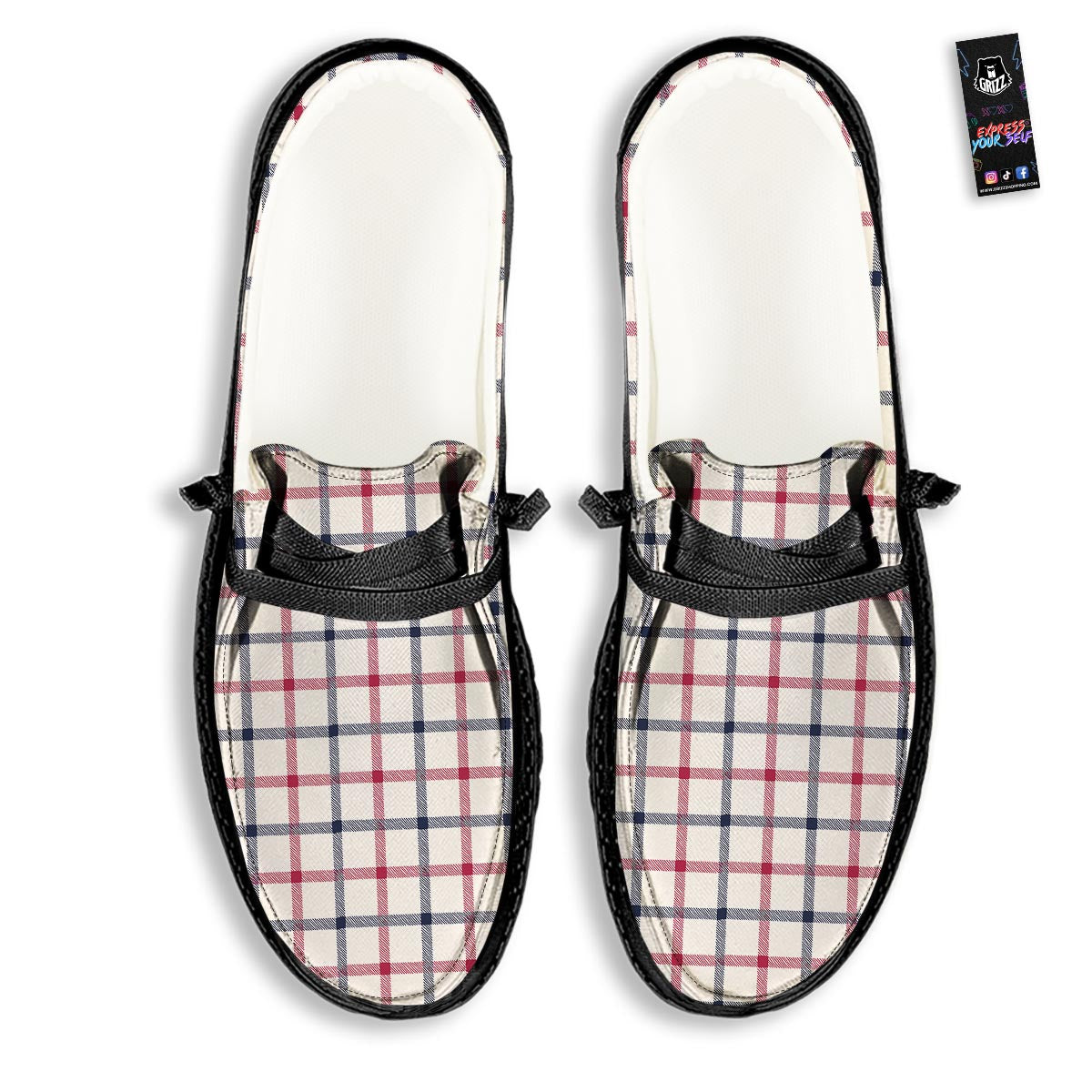 Tattersall Blue And Red Print Pattern Black Loafers-grizzshop