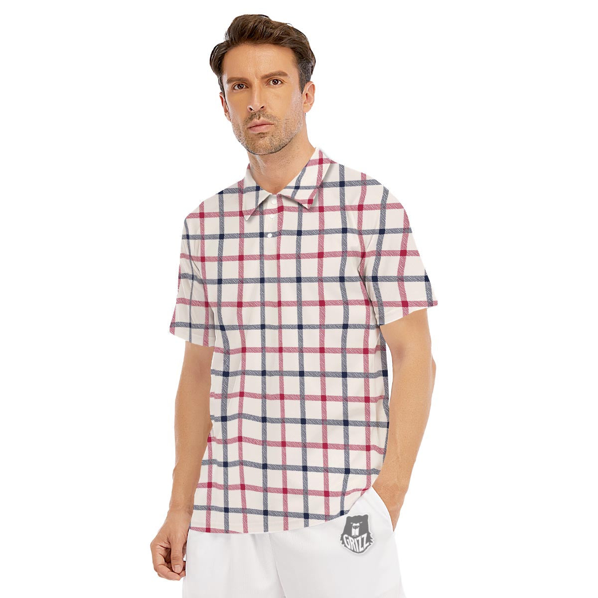 Tattersall Blue And Red Print Pattern Men's Golf Shirts-grizzshop