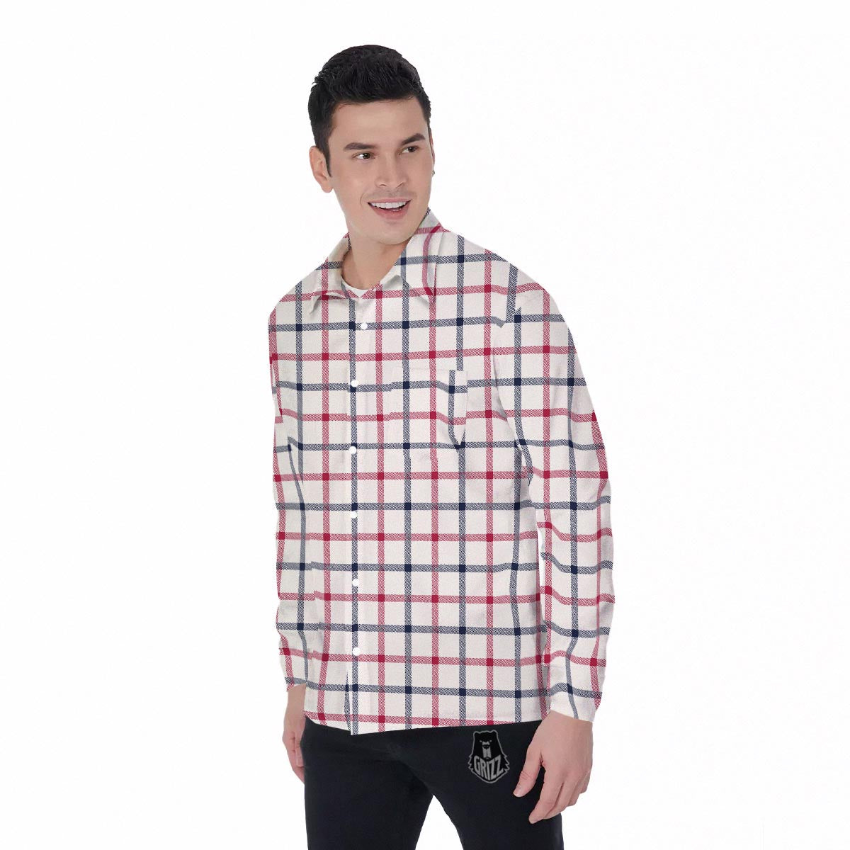 Tattersall Blue And Red Print Pattern Men's Long Sleeve Shirts-grizzshop
