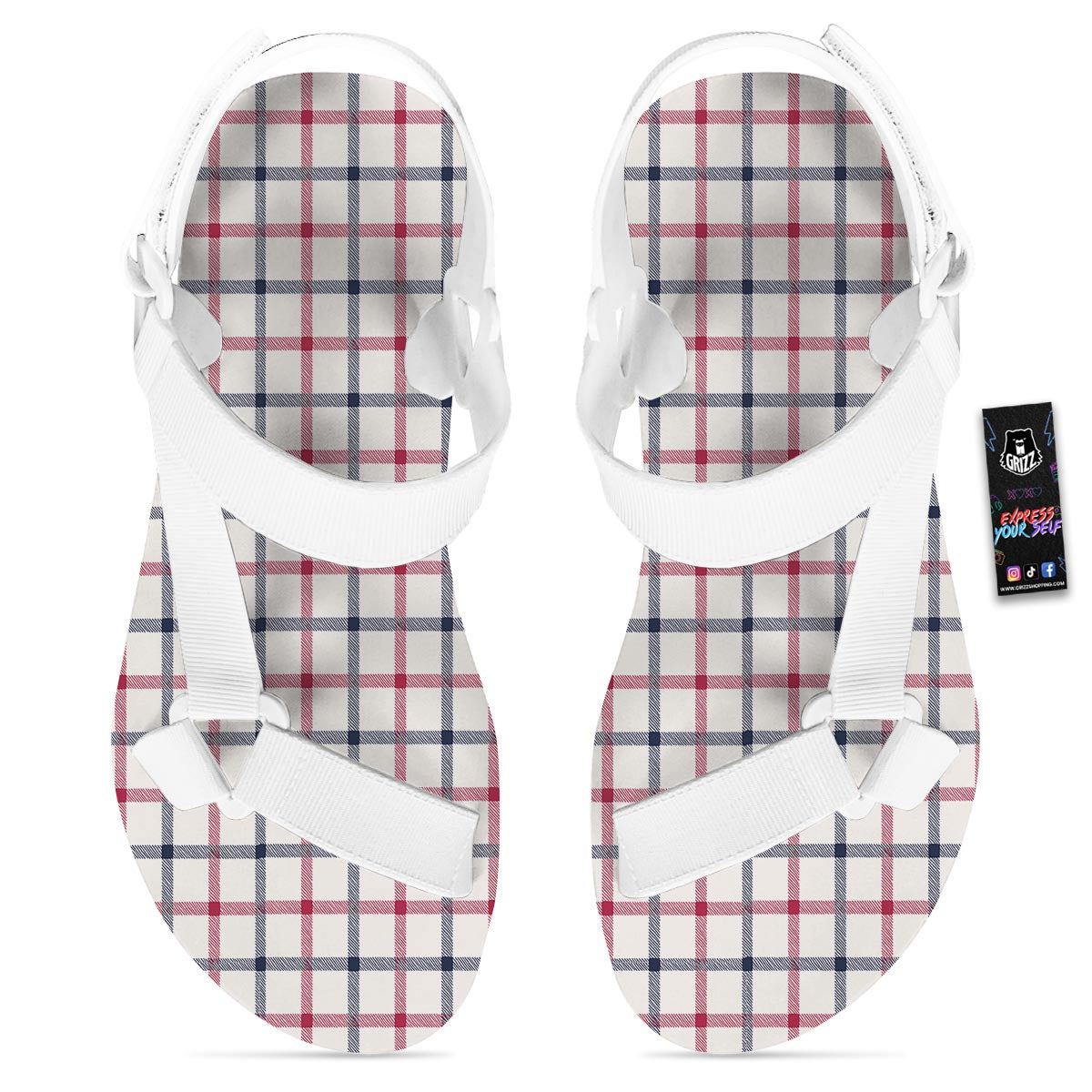 Tattersall Blue And Red Print Pattern White Open Toe Sandals-grizzshop