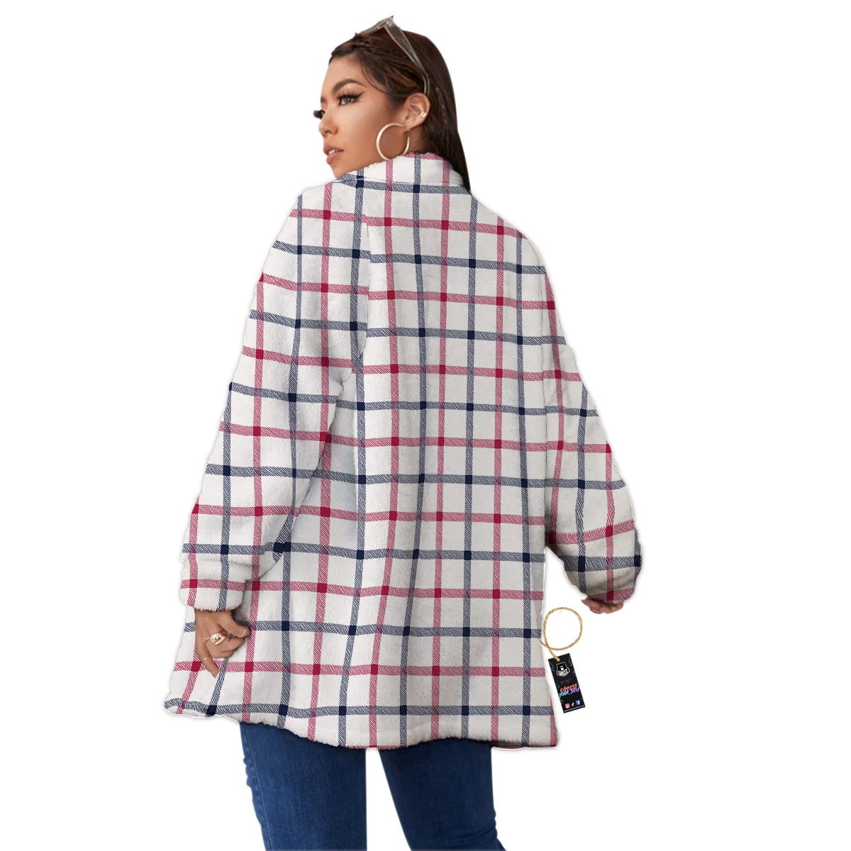 Tattersall Blue And Red Print Pattern Women's Sherpa Jacket-grizzshop