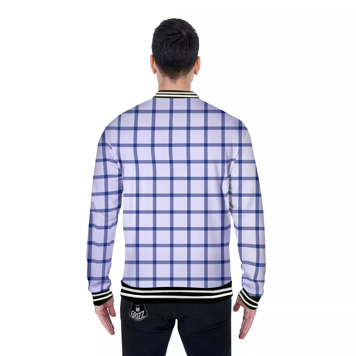 Tattersall Blue And White Print Pattern Baseball Jacket-grizzshop