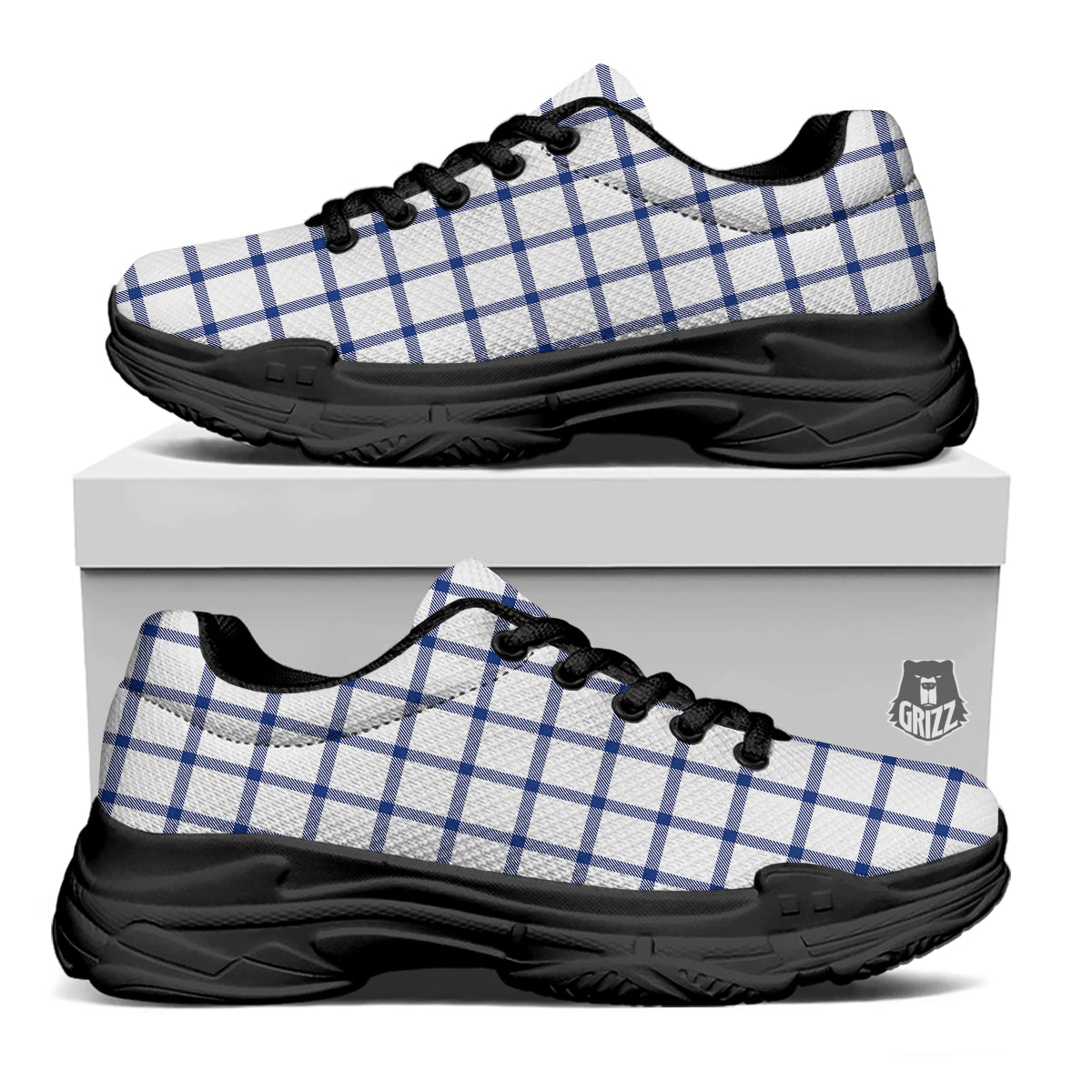 Tattersall Blue And White Print Pattern Black Chunky Shoes-grizzshop