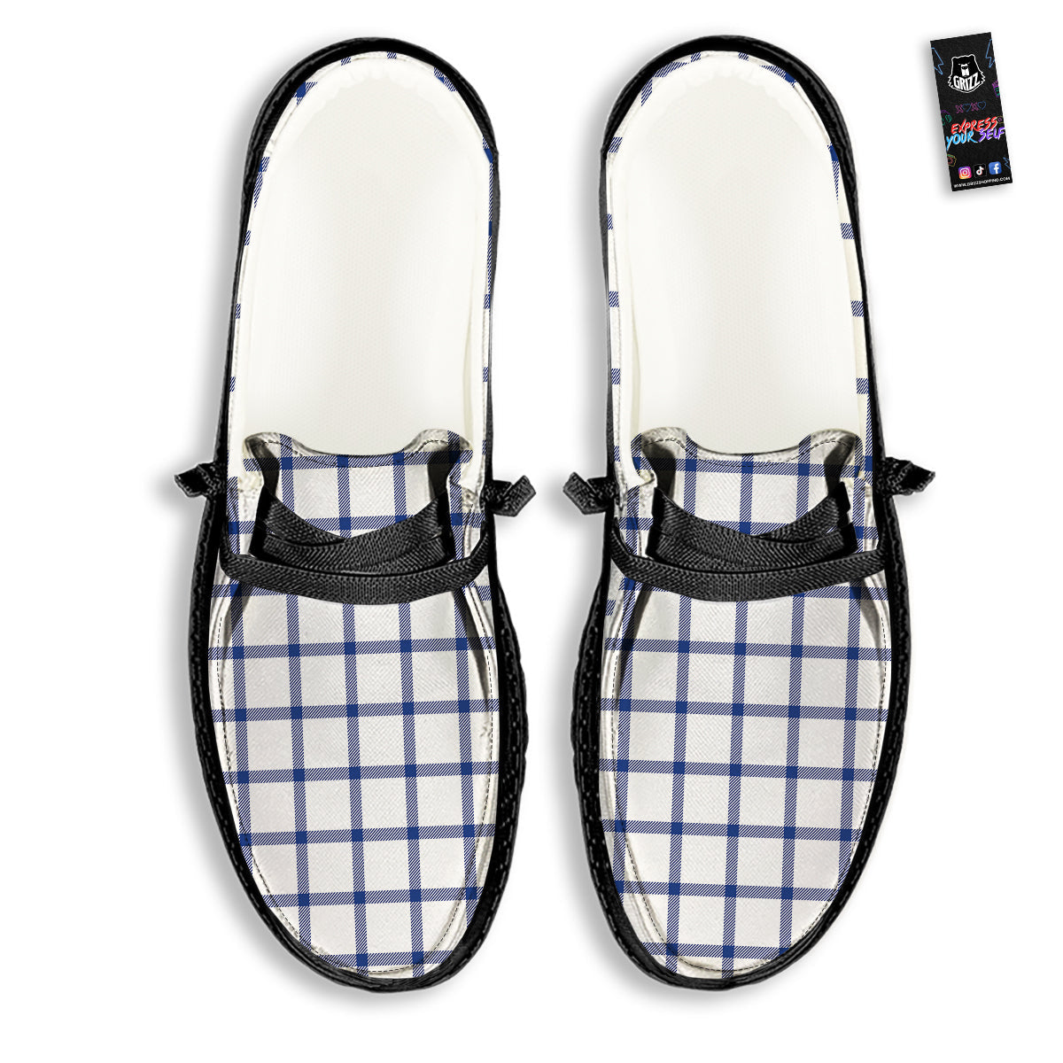 Tattersall Blue And White Print Pattern Black Loafers-grizzshop