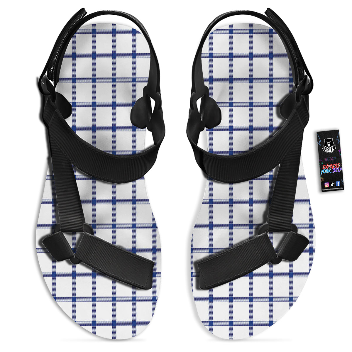 Tattersall Blue And White Print Pattern Black Open Toe Sandals-grizzshop