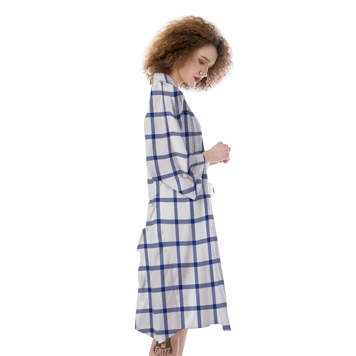 Tattersall Blue And White Print Pattern Kimono-grizzshop