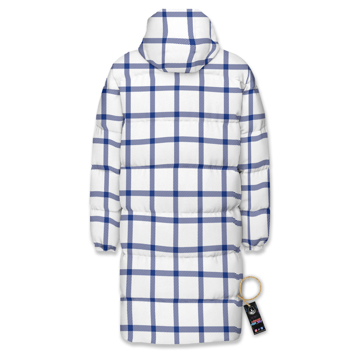 Tattersall Blue And White Print Pattern Long Down Jacket-grizzshop