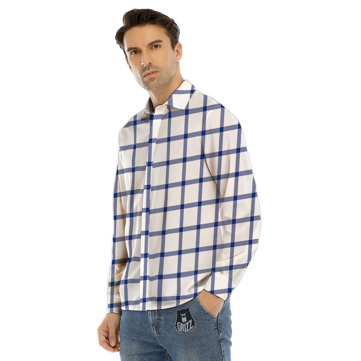 Tattersall Blue And White Print Pattern Men's Dress Shirts-grizzshop
